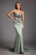 Natasha Green Embroidered Fishtail Dress for Formal Occasions