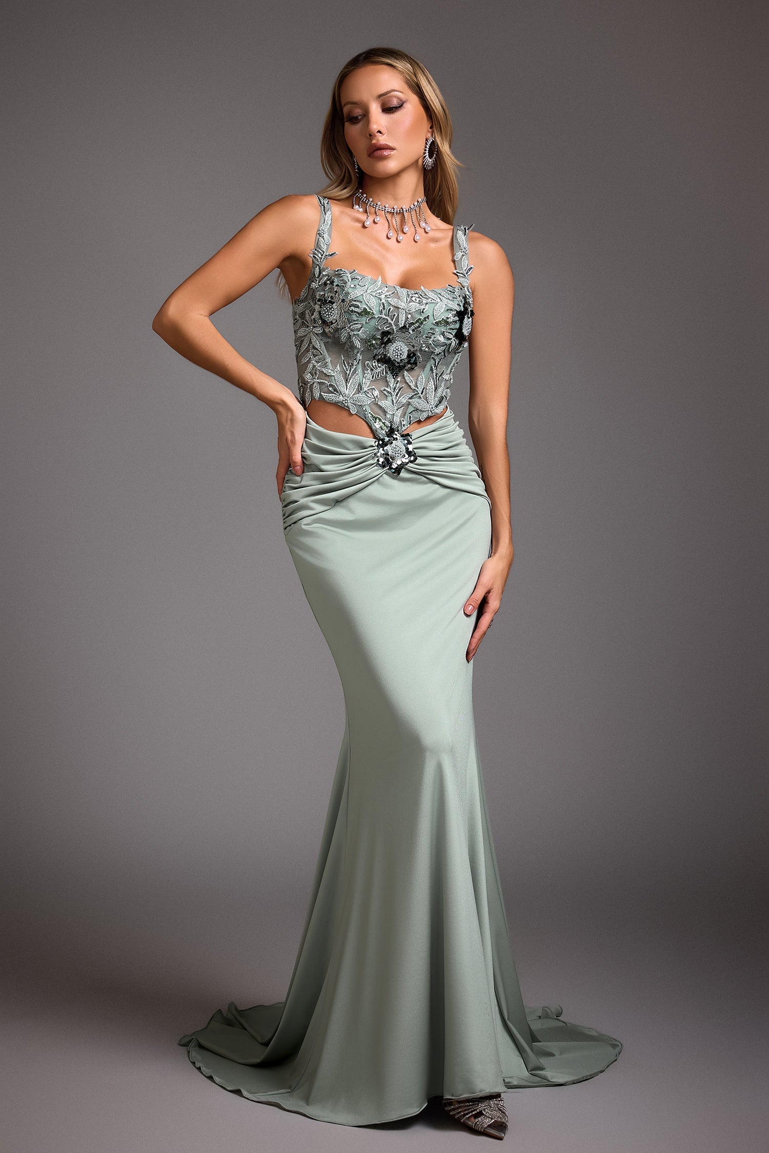 Natasha Green Embroidered Fishtail Dress for Formal Occasions