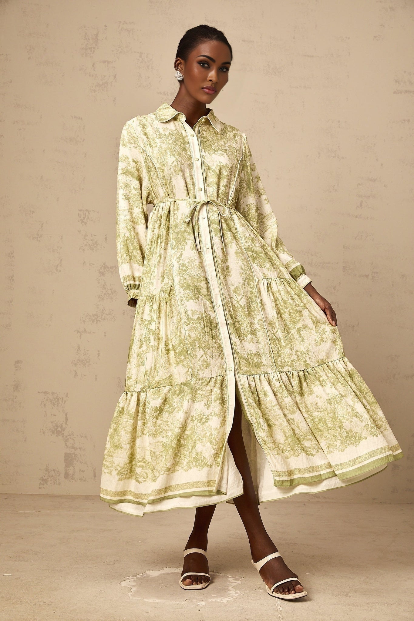 Natasha Midi Dress Green & White Smudged Graffiti Flared Skirt