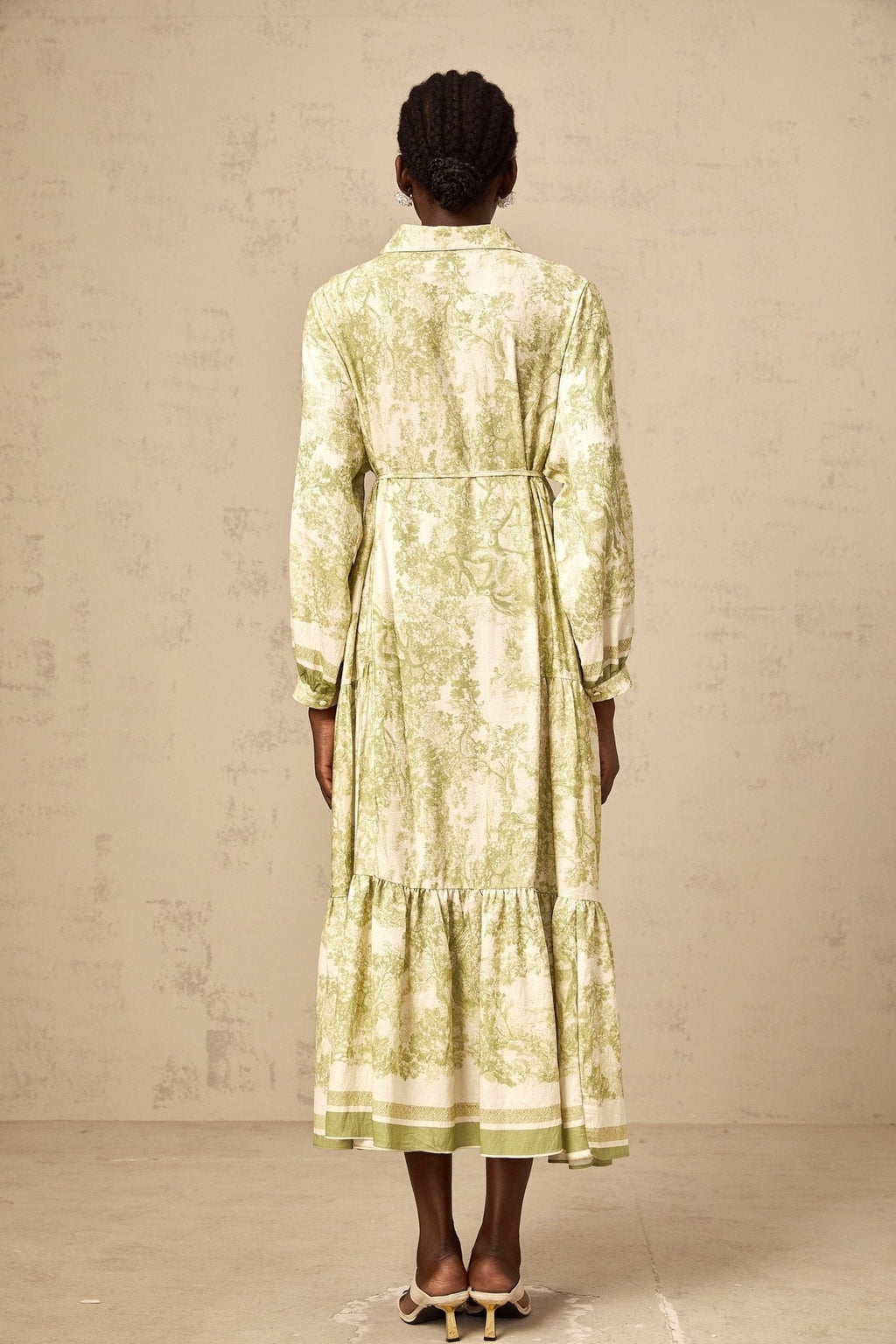 Natasha Midi Dress Green & White Smudged Graffiti Flared Skirt
