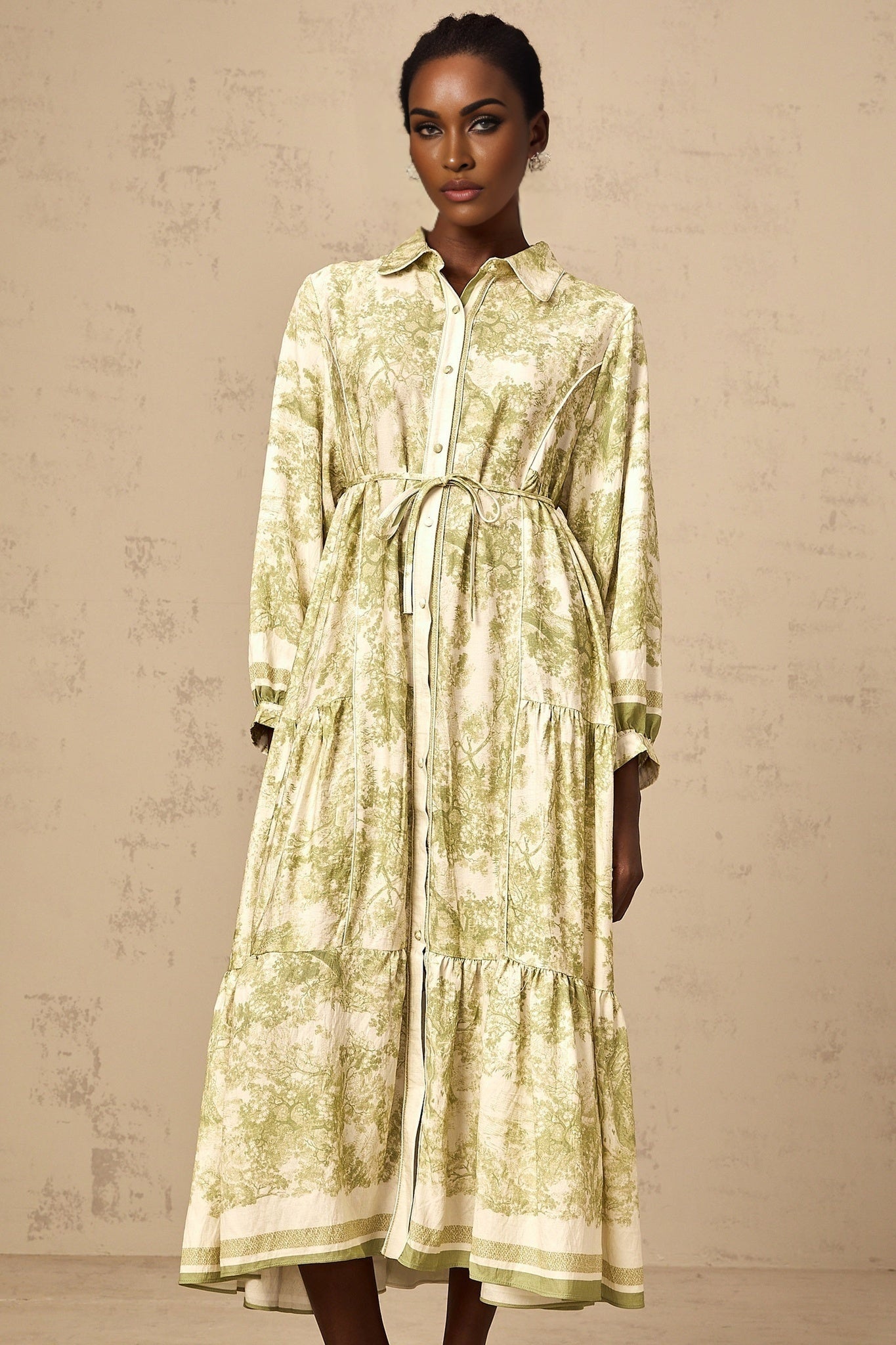 Natasha Midi Dress Green & White Smudged Graffiti Flared Skirt