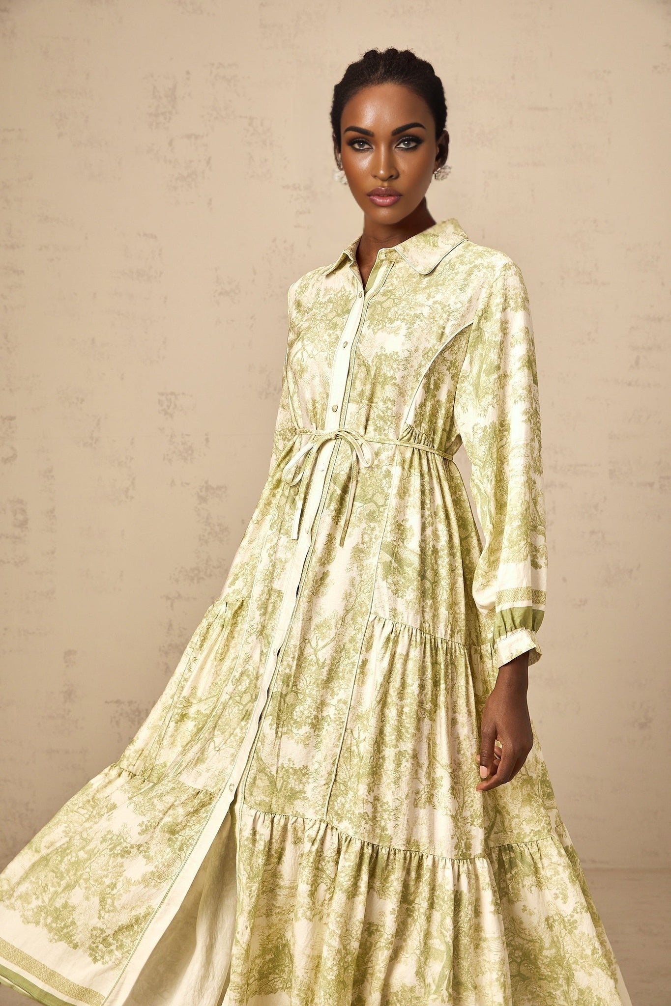 Natasha Midi Dress Green & White Smudged Graffiti Flared Skirt