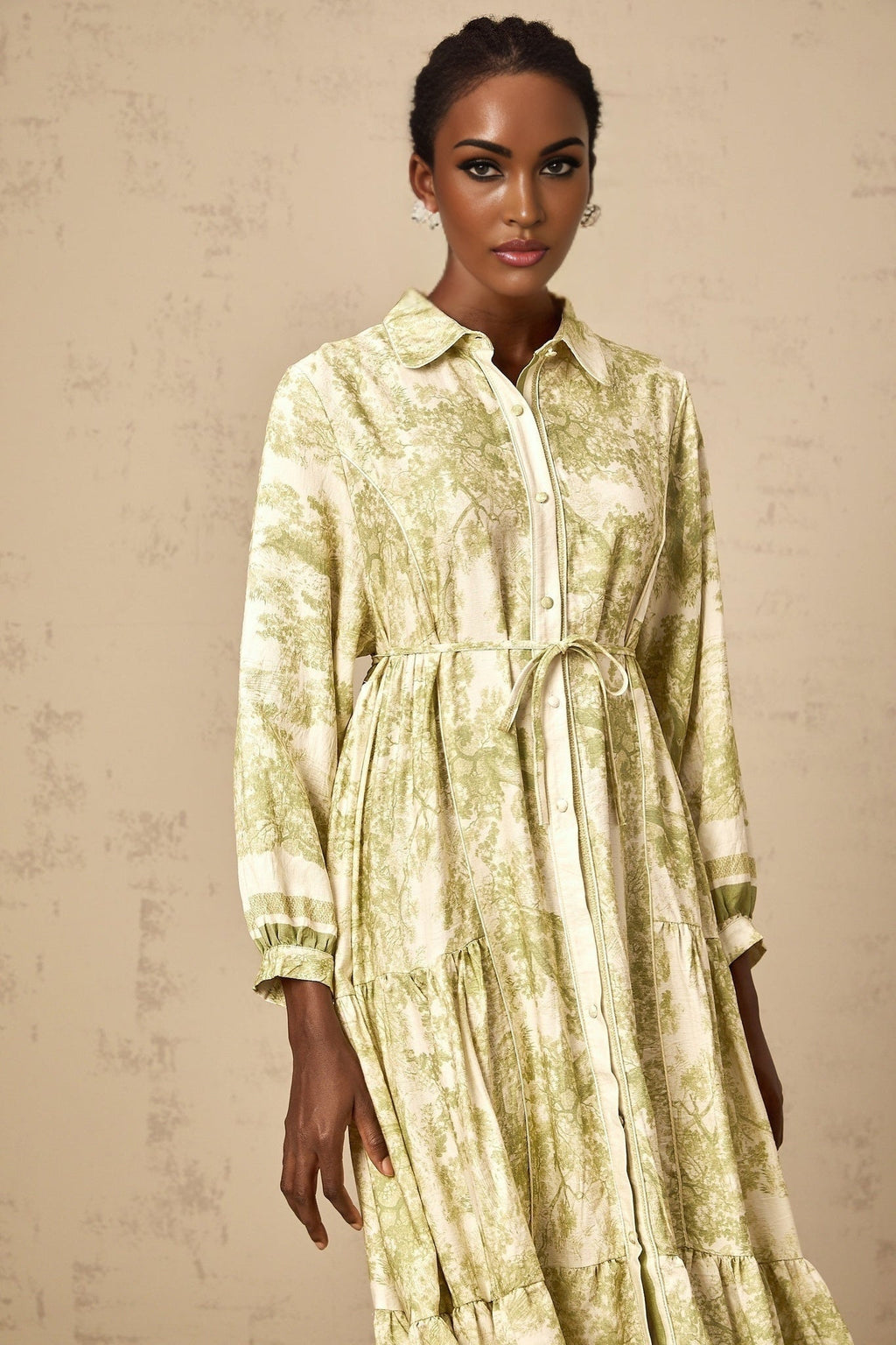 Natasha Midi Dress Green & White Smudged Graffiti Flared Skirt