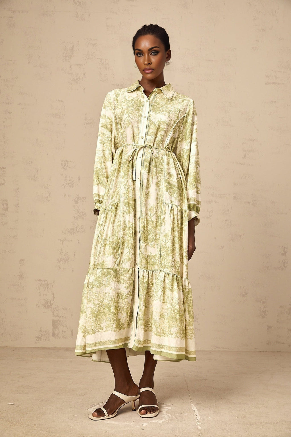 Natasha Midi Dress Green & White Smudged Graffiti Flared Skirt