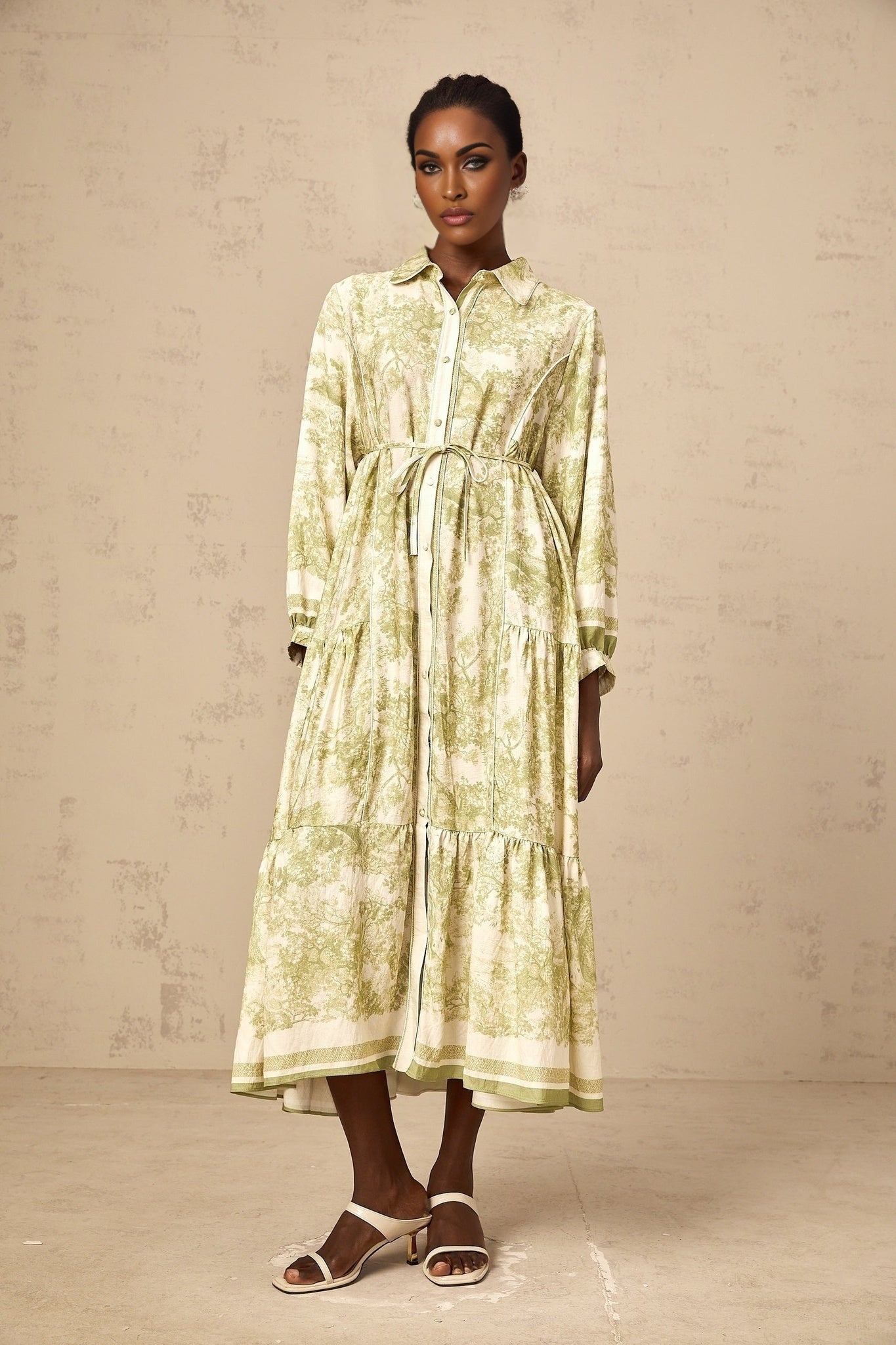 Natasha Midi Dress Green & White Smudged Graffiti Flared Skirt