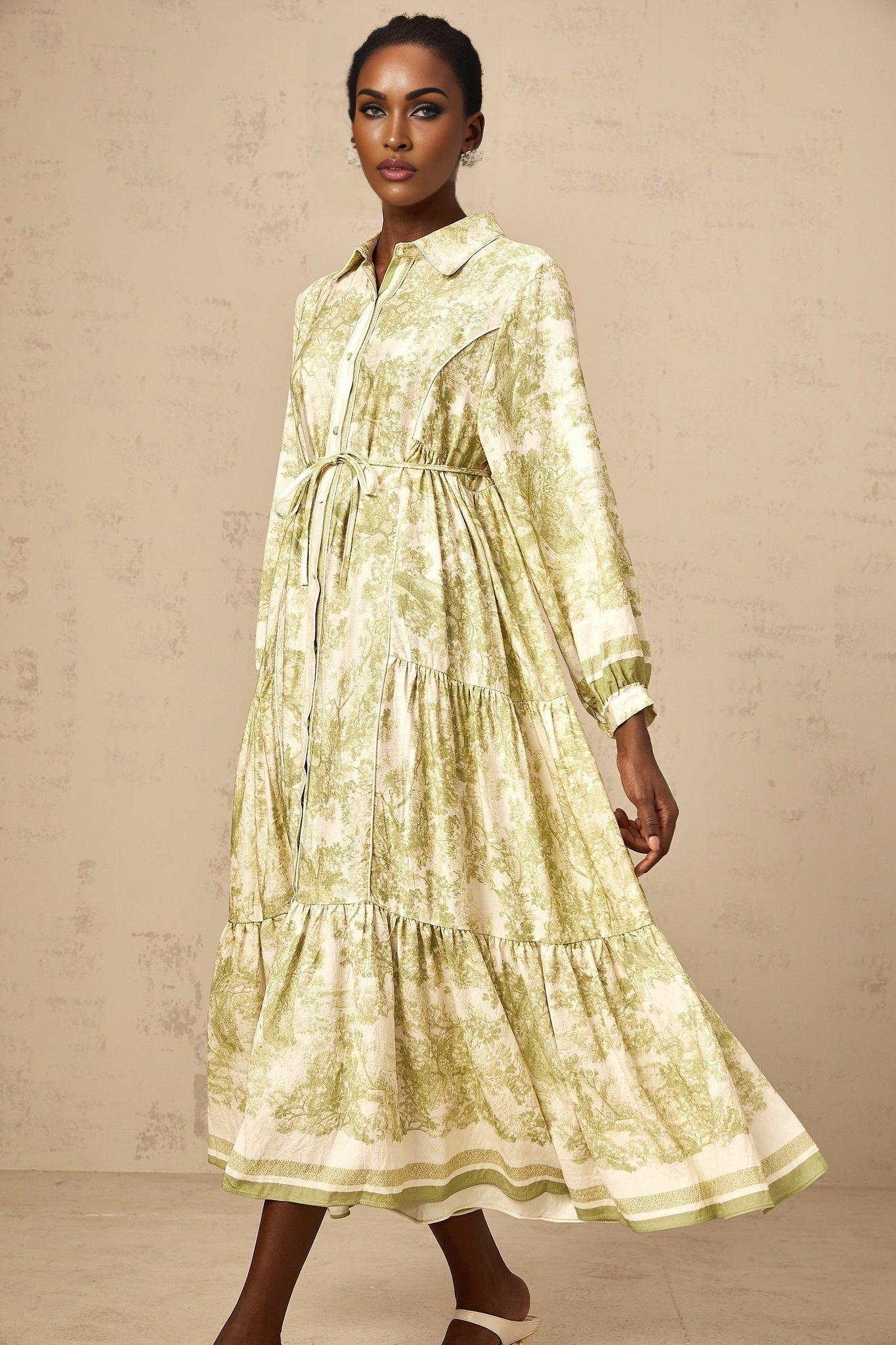 Natasha Midi Dress Green & White Smudged Graffiti Flared Skirt