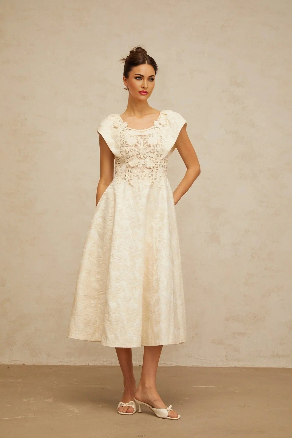 Natasha Midi Dress Neutrals Floral Embroidered & Pearl Embellished