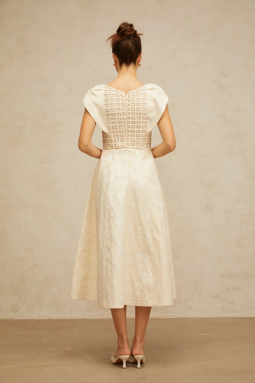 Natasha Midi Dress Neutrals Floral Embroidered & Pearl Embellished