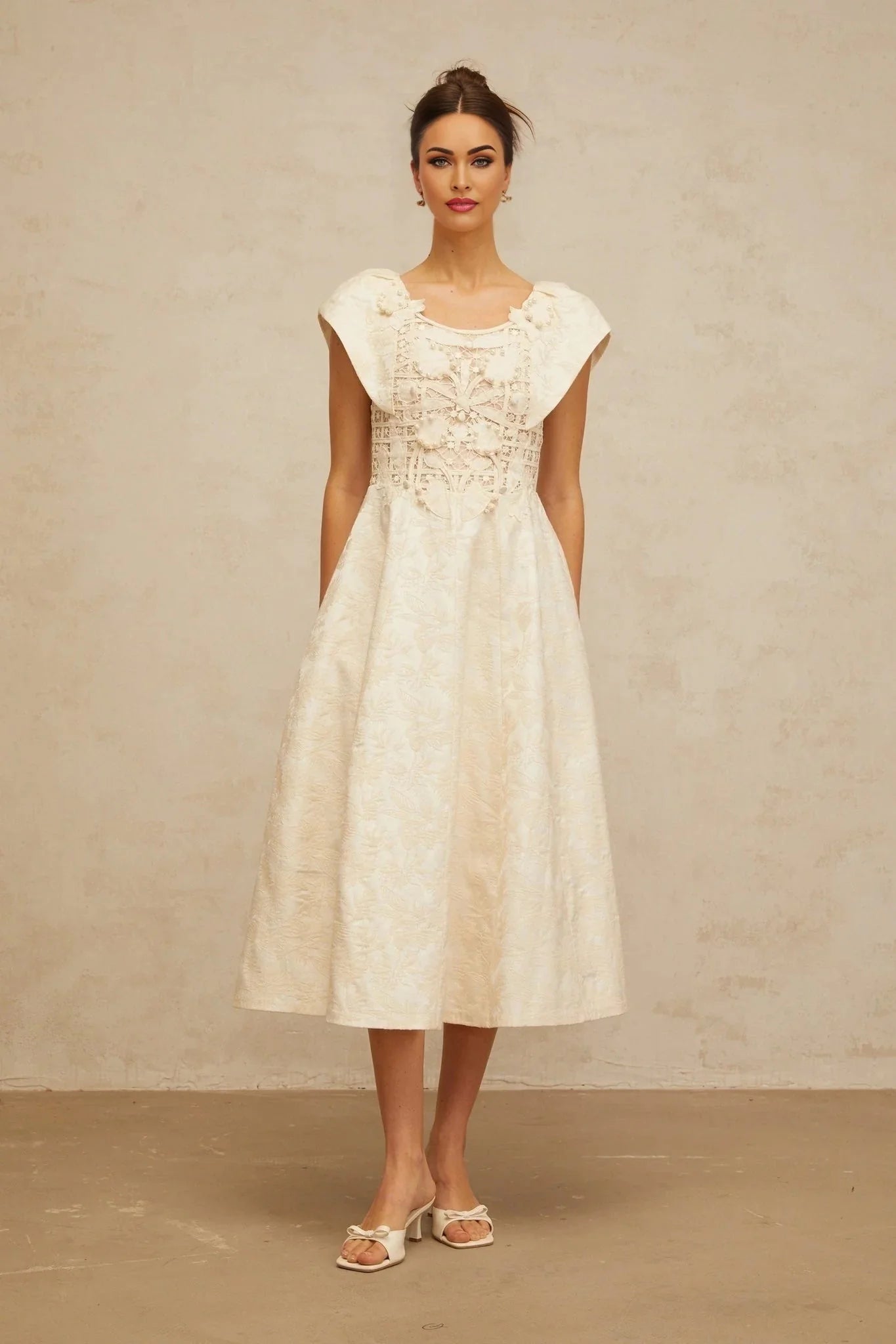 Natasha Midi Dress Neutrals Floral Embroidered & Pearl Embellished