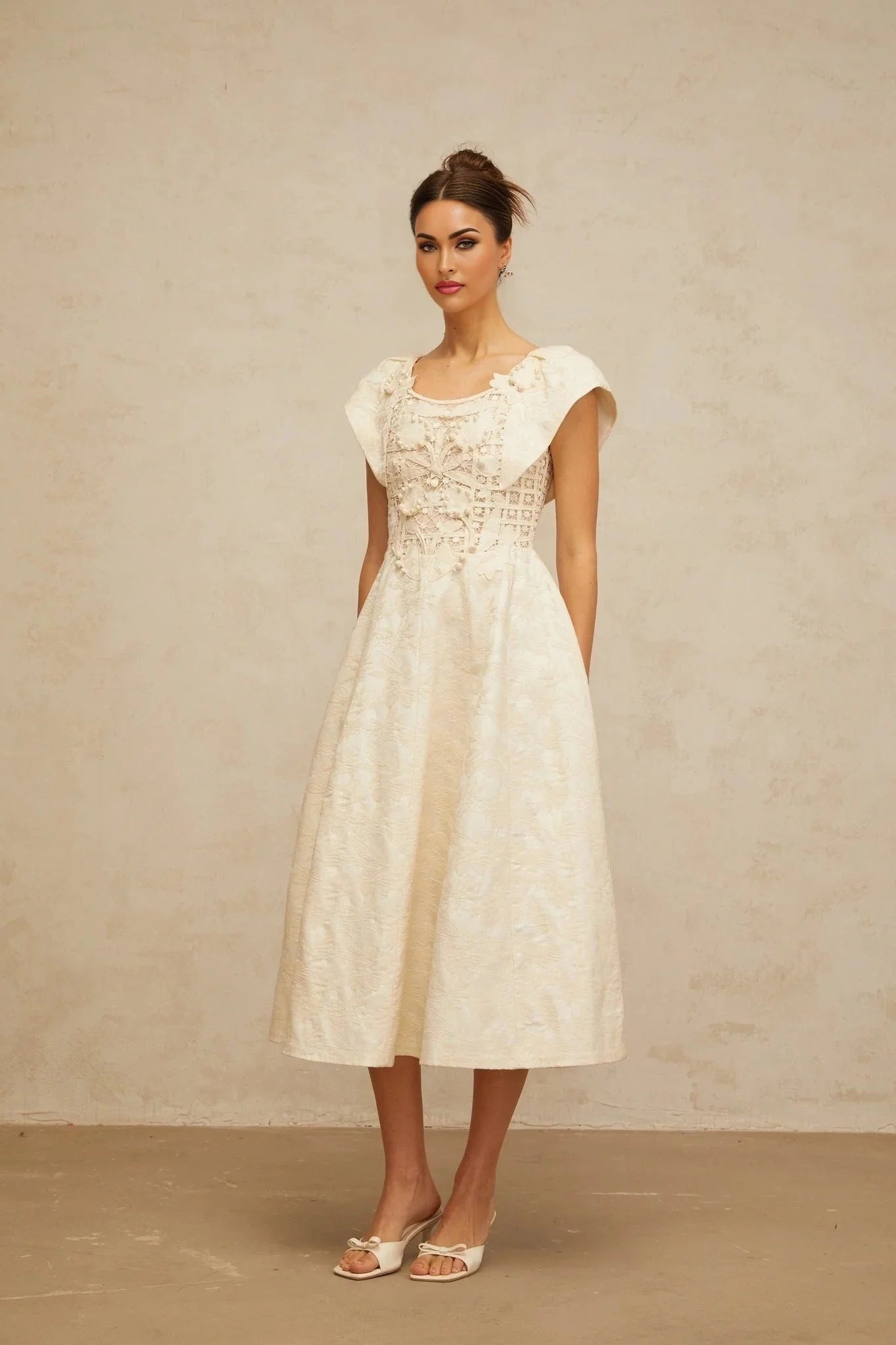 Natasha Midi Dress Neutrals Floral Embroidered & Pearl Embellished