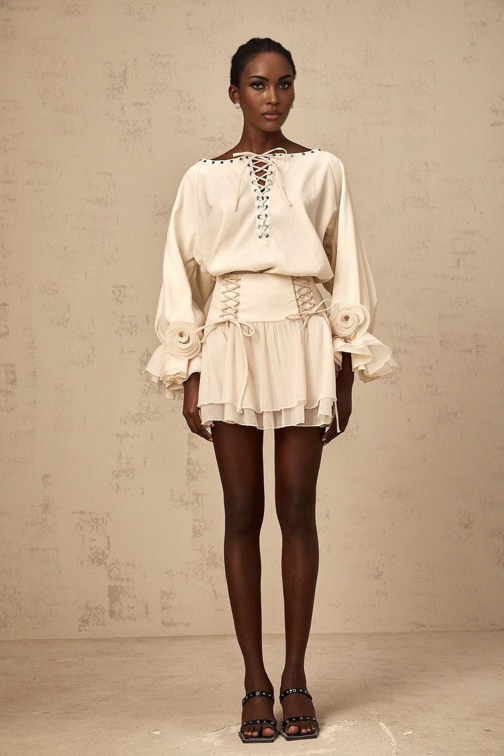 Nicole Floral Appliqué Blouse & Layered Skirt Set