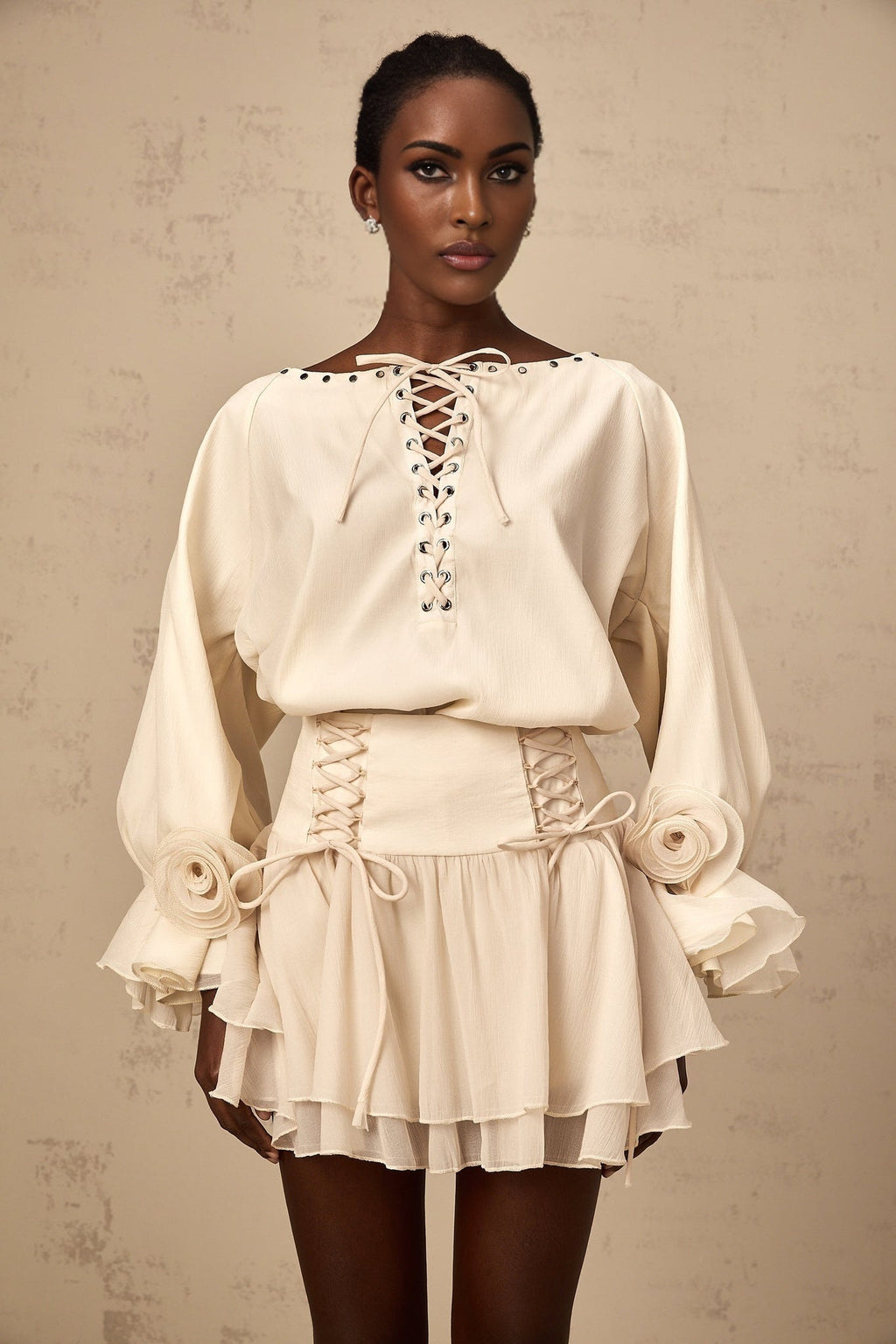 Nicole Floral Appliqué Blouse & Layered Skirt Set