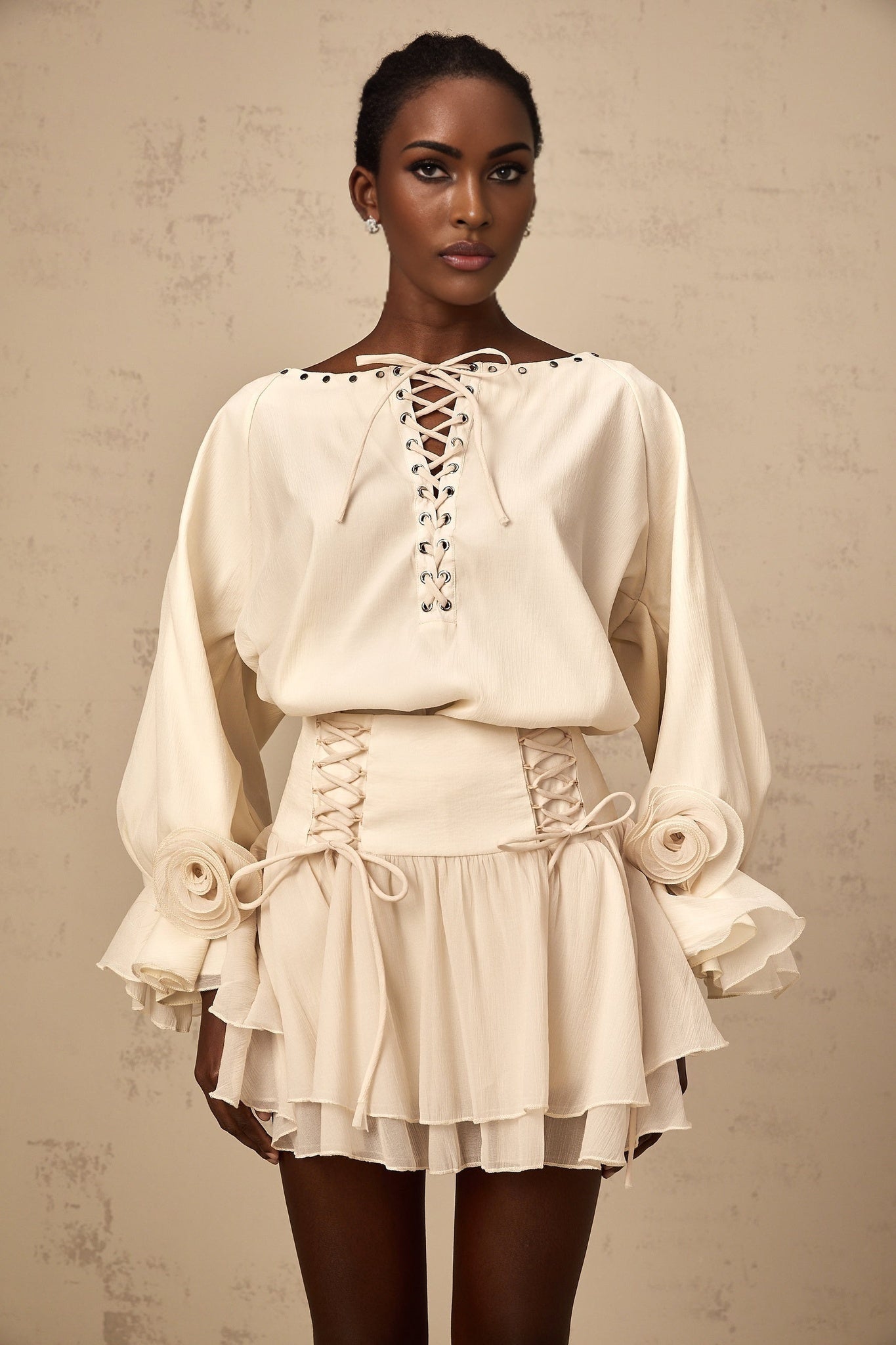 Nicole Floral Appliqué Blouse & Layered Skirt Set