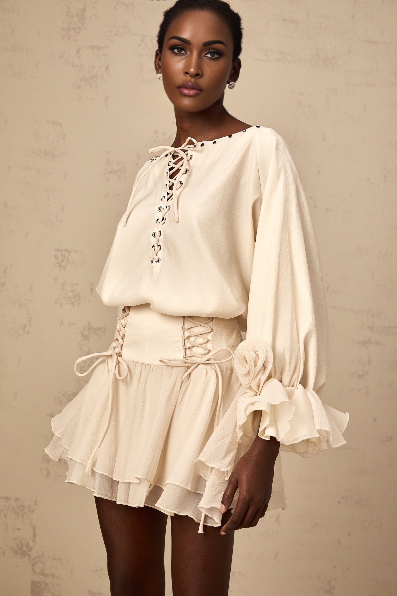 Nicole Floral Appliqué Blouse & Layered Skirt Set