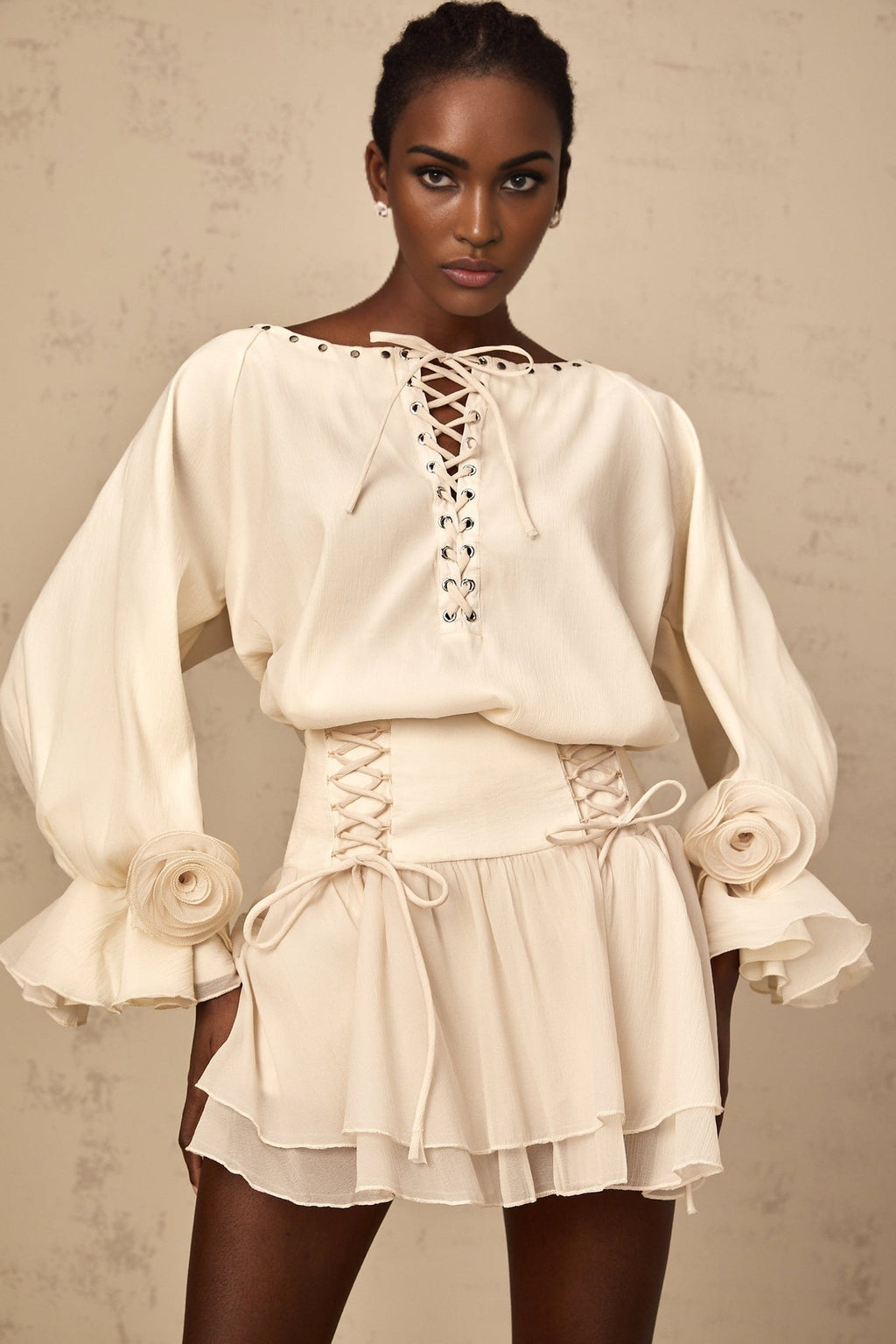 Nicole Floral Appliqué Blouse & Layered Skirt Set
