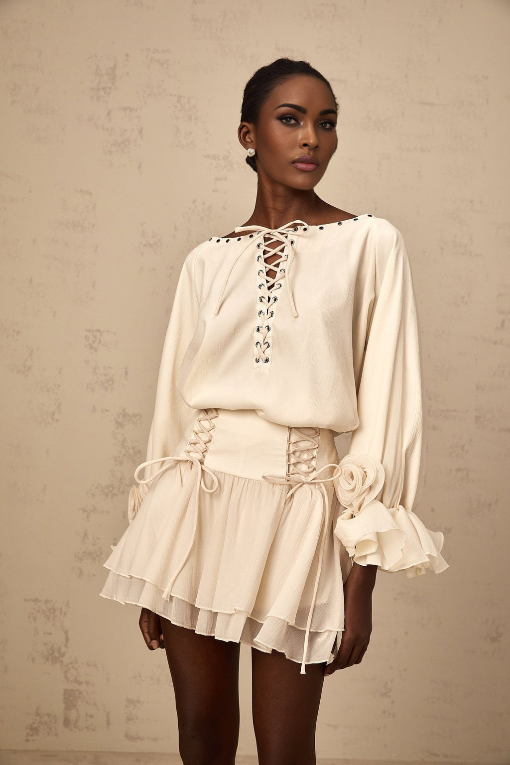 Nicole Floral Appliqué Blouse & Layered Skirt Set