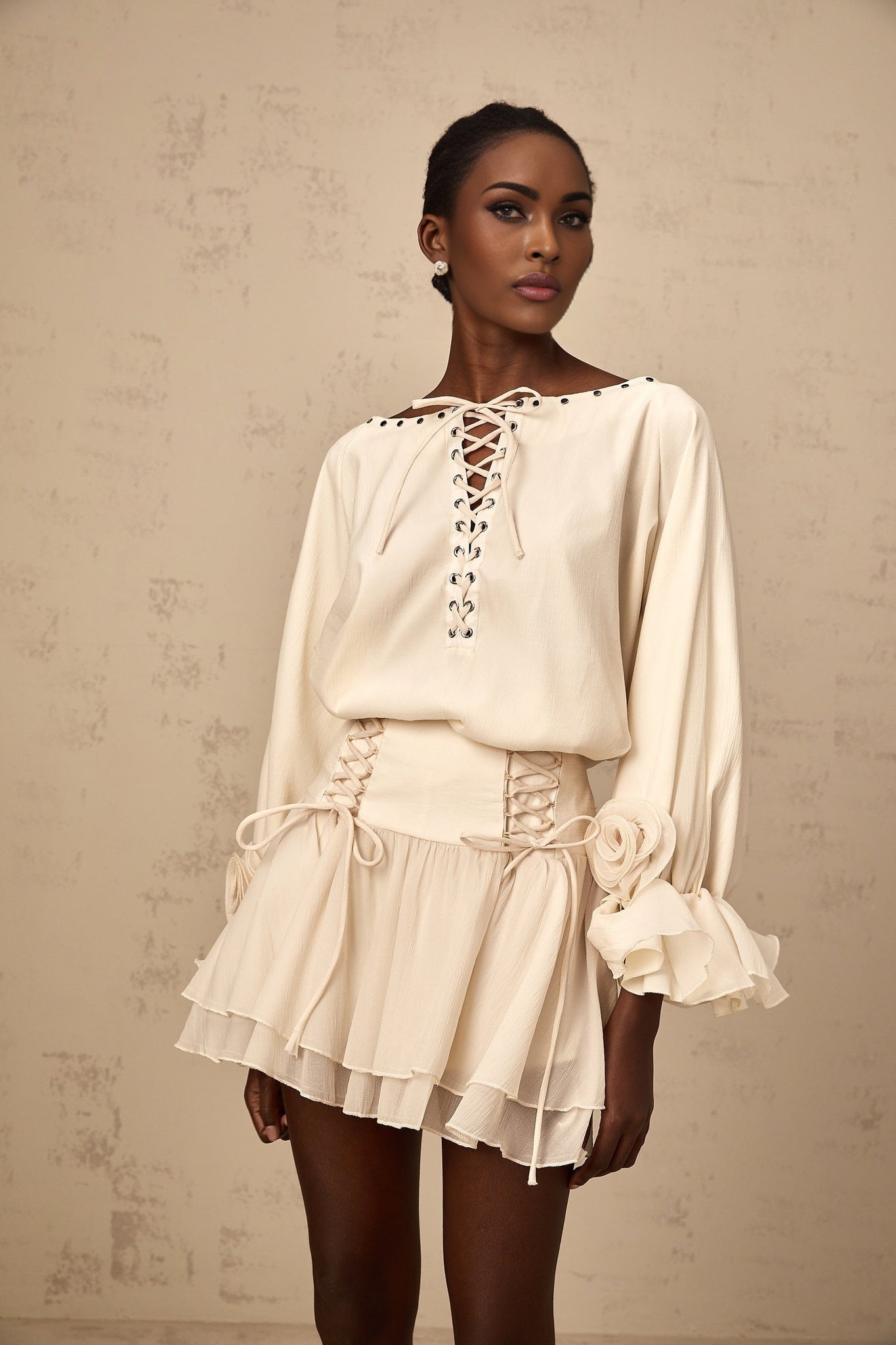 Nicole Floral Appliqué Blouse & Layered Skirt Set