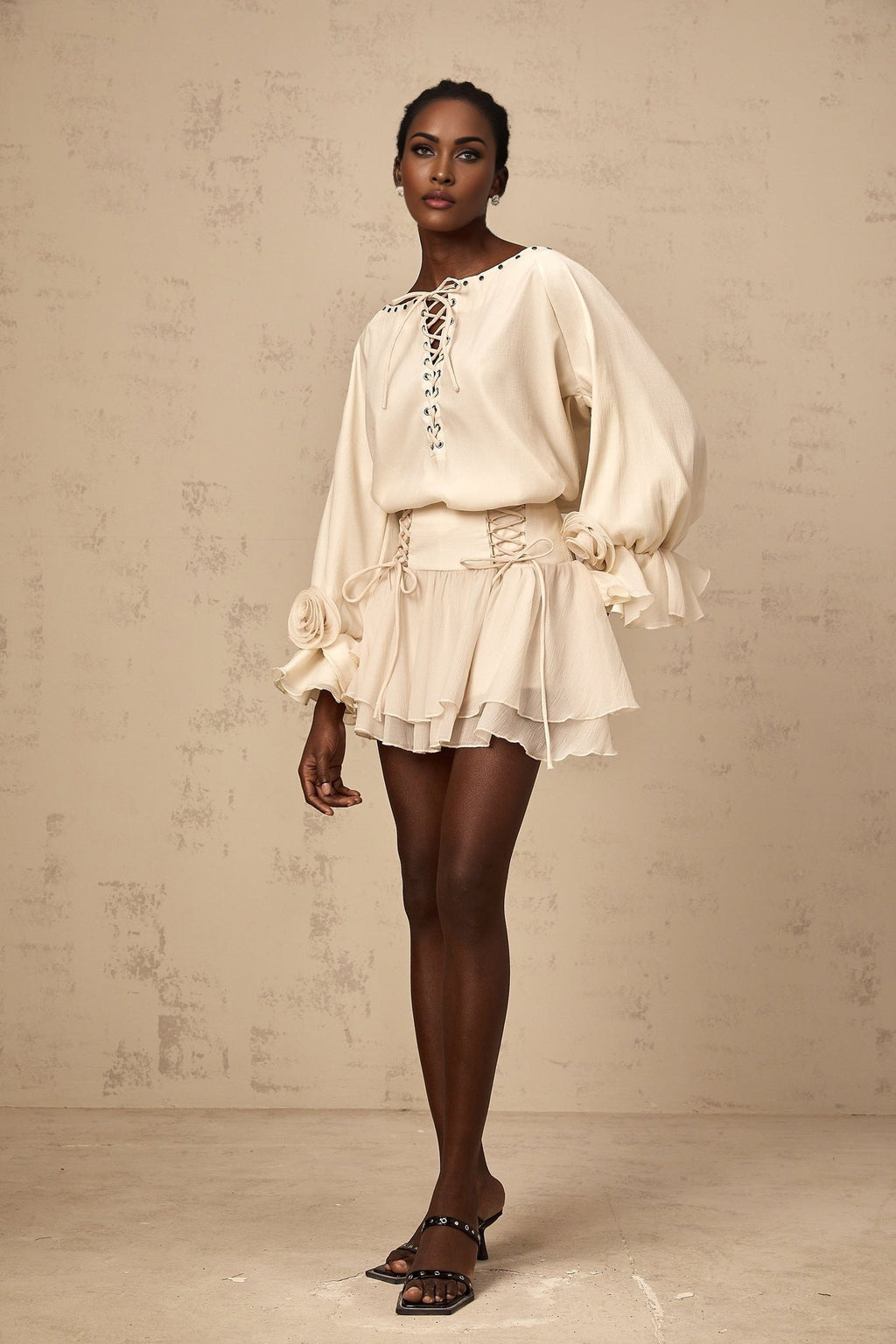Nicole Floral Appliqué Blouse & Layered Skirt Set