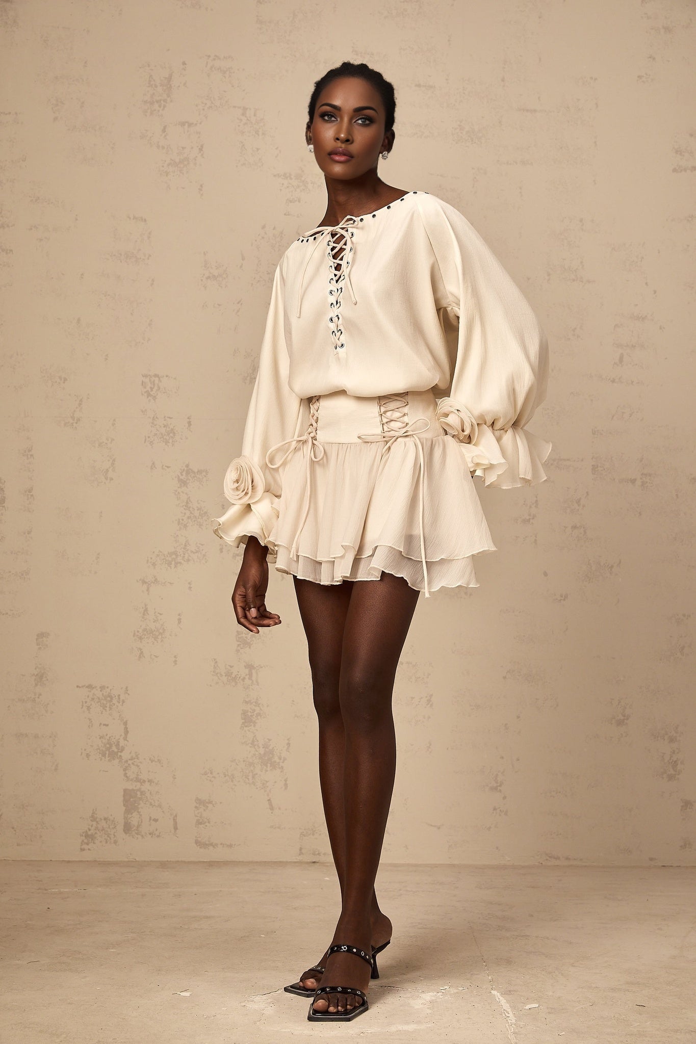 Nicole Floral Appliqué Blouse & Layered Skirt Set