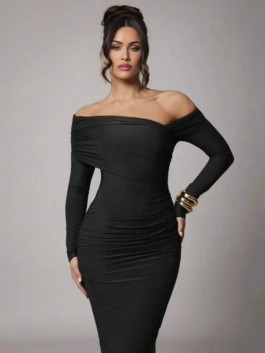 Nicole Maxi Dress - Asymmetrical Neckline - Mermaid Hem - Bodycon Fit - Elegant Style