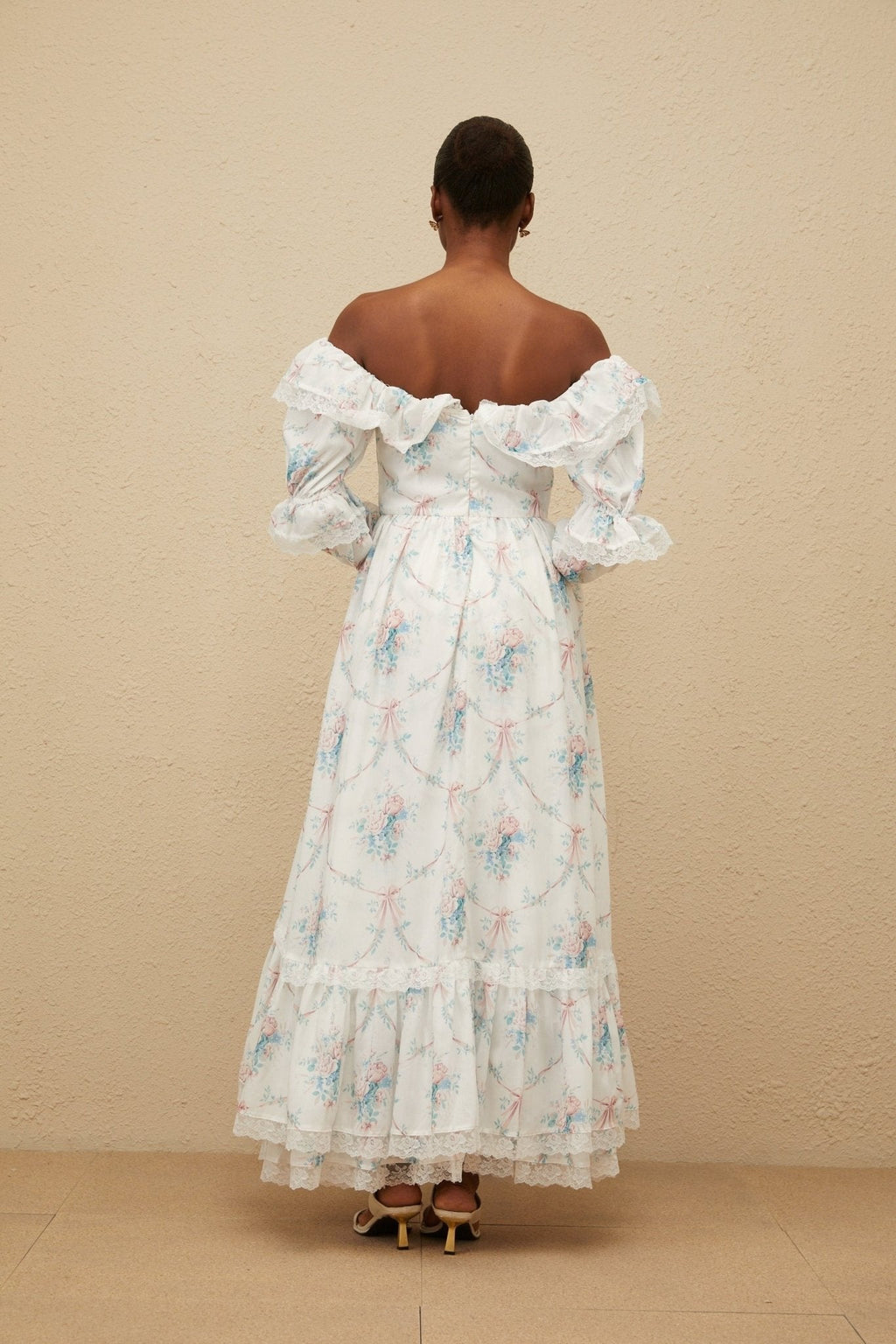 Nicole Maxi Dress - Off - Shoulder Floral Print - Flared Cuffs - Fitted Waistline