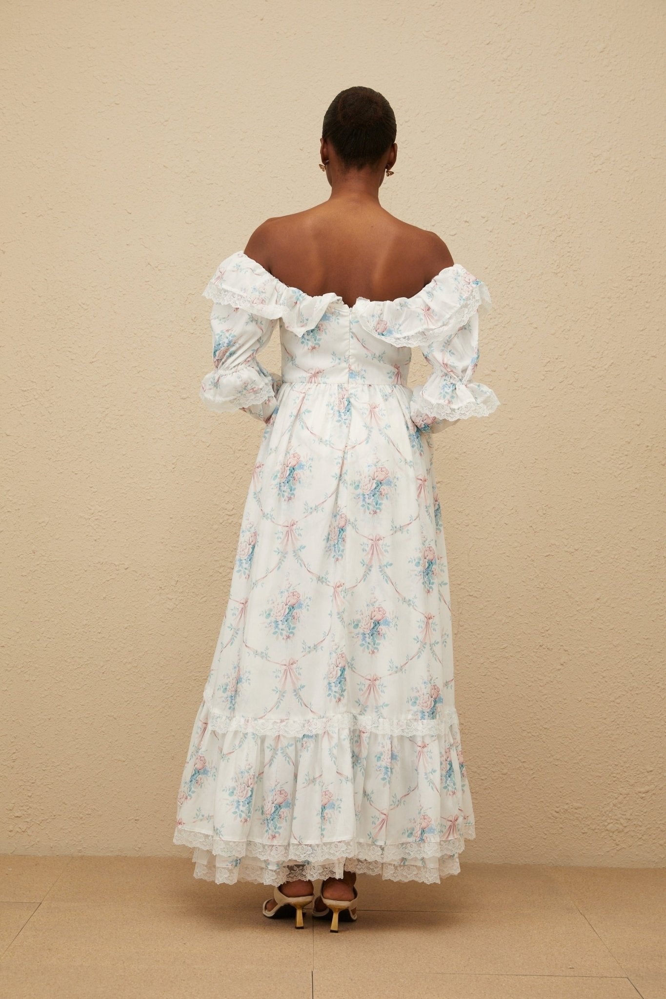 Nicole Maxi Dress - Off - Shoulder Floral Print - Flared Cuffs - Fitted Waistline