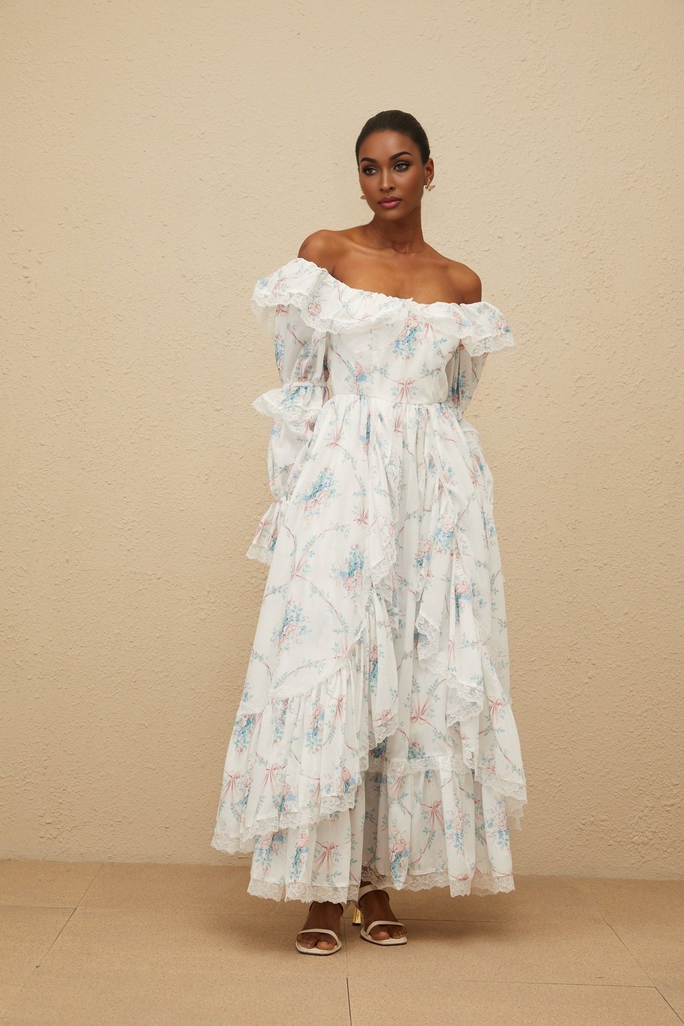 Nicole Maxi Dress - Off - Shoulder Floral Print - Flared Cuffs - Fitted Waistline