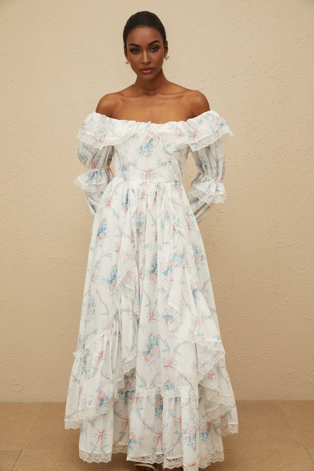 Nicole Maxi Dress - Off - Shoulder Floral Print - Flared Cuffs - Fitted Waistline
