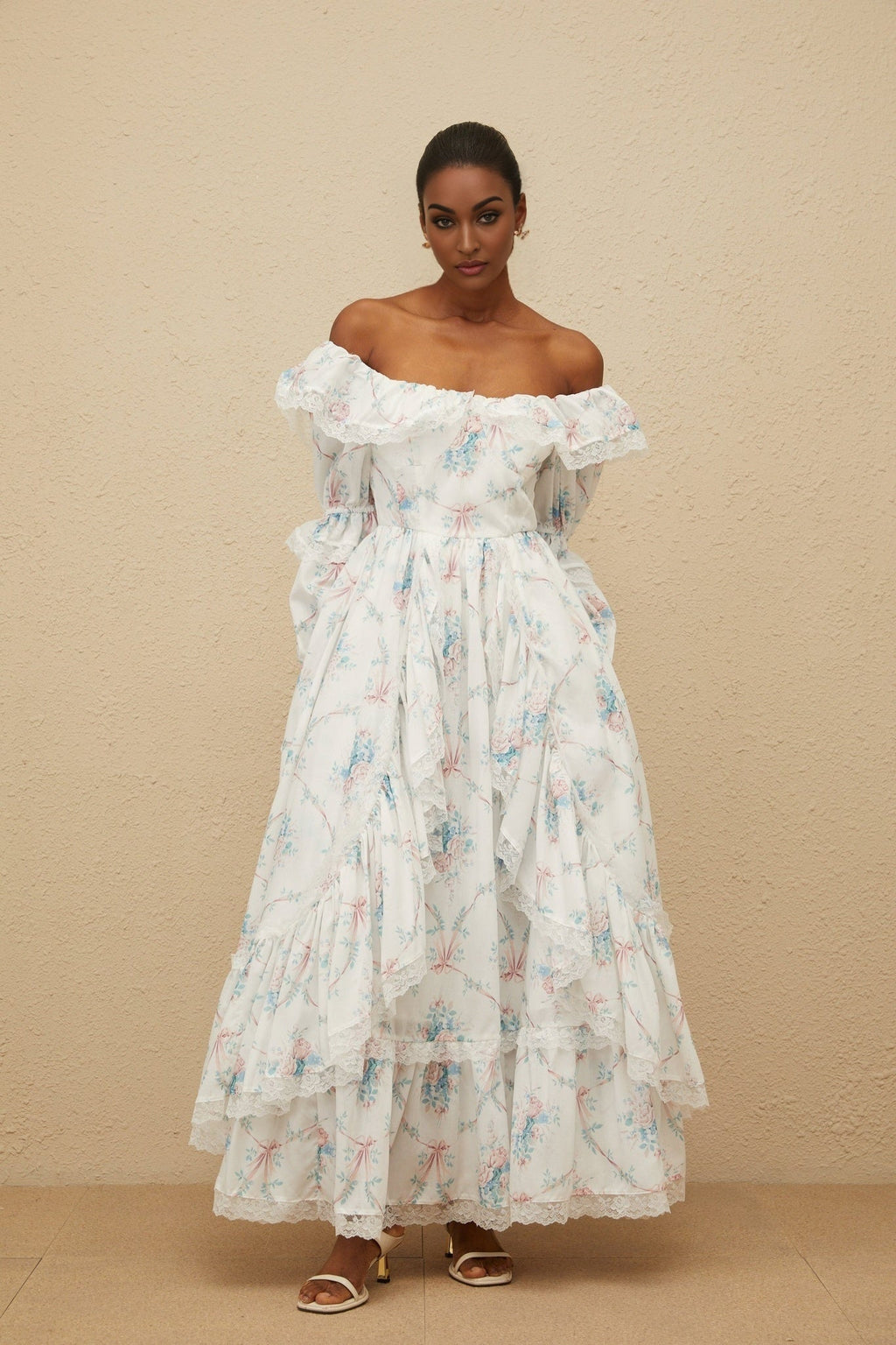 Nicole Maxi Dress - Off - Shoulder Floral Print - Flared Cuffs - Fitted Waistline