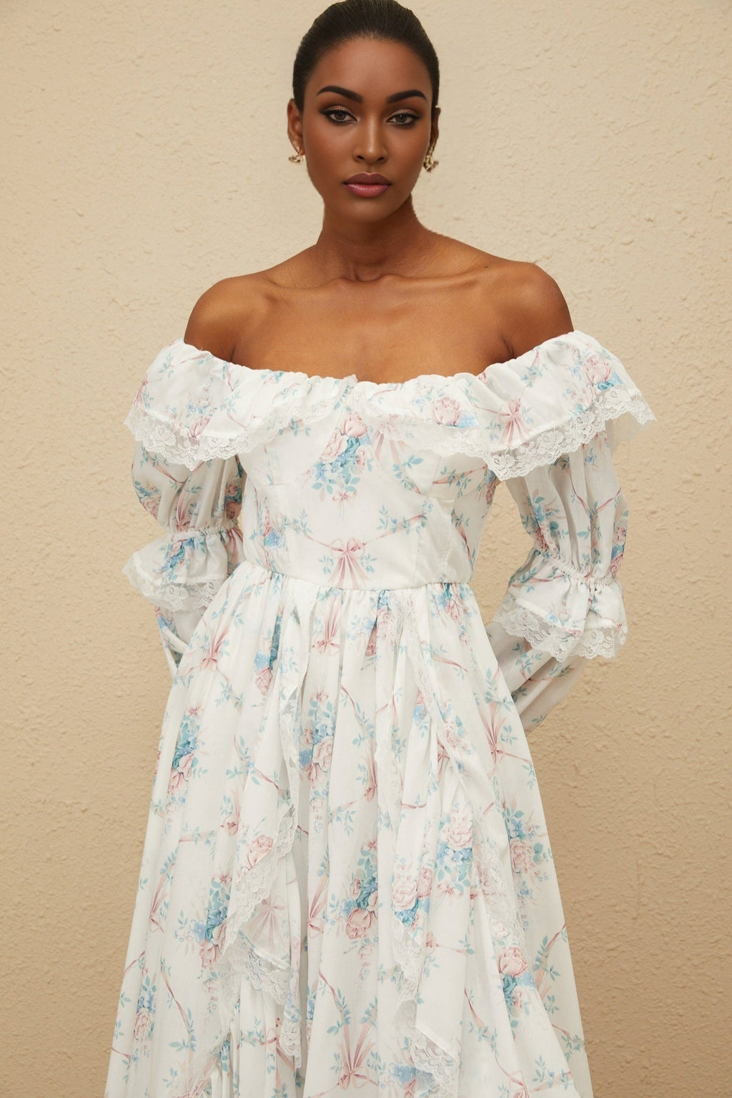 Nicole Maxi Dress - Off - Shoulder Floral Print - Flared Cuffs - Fitted Waistline