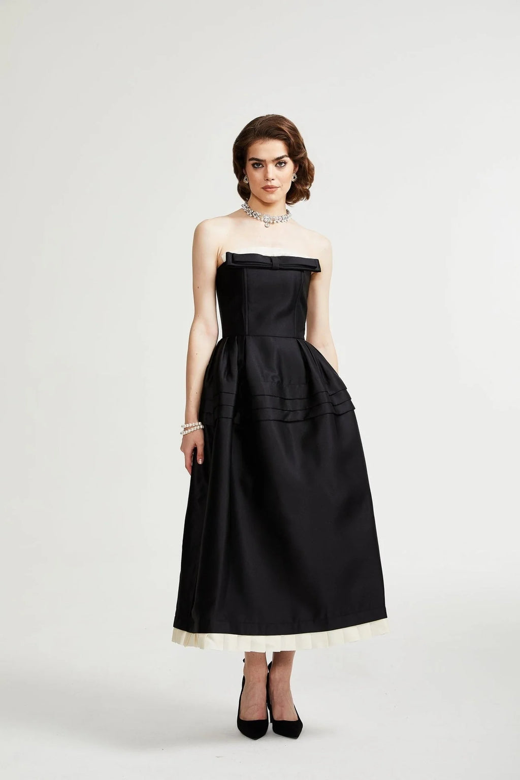 Nicole Midi Dress Black White Strapless Bow Detail Elegance