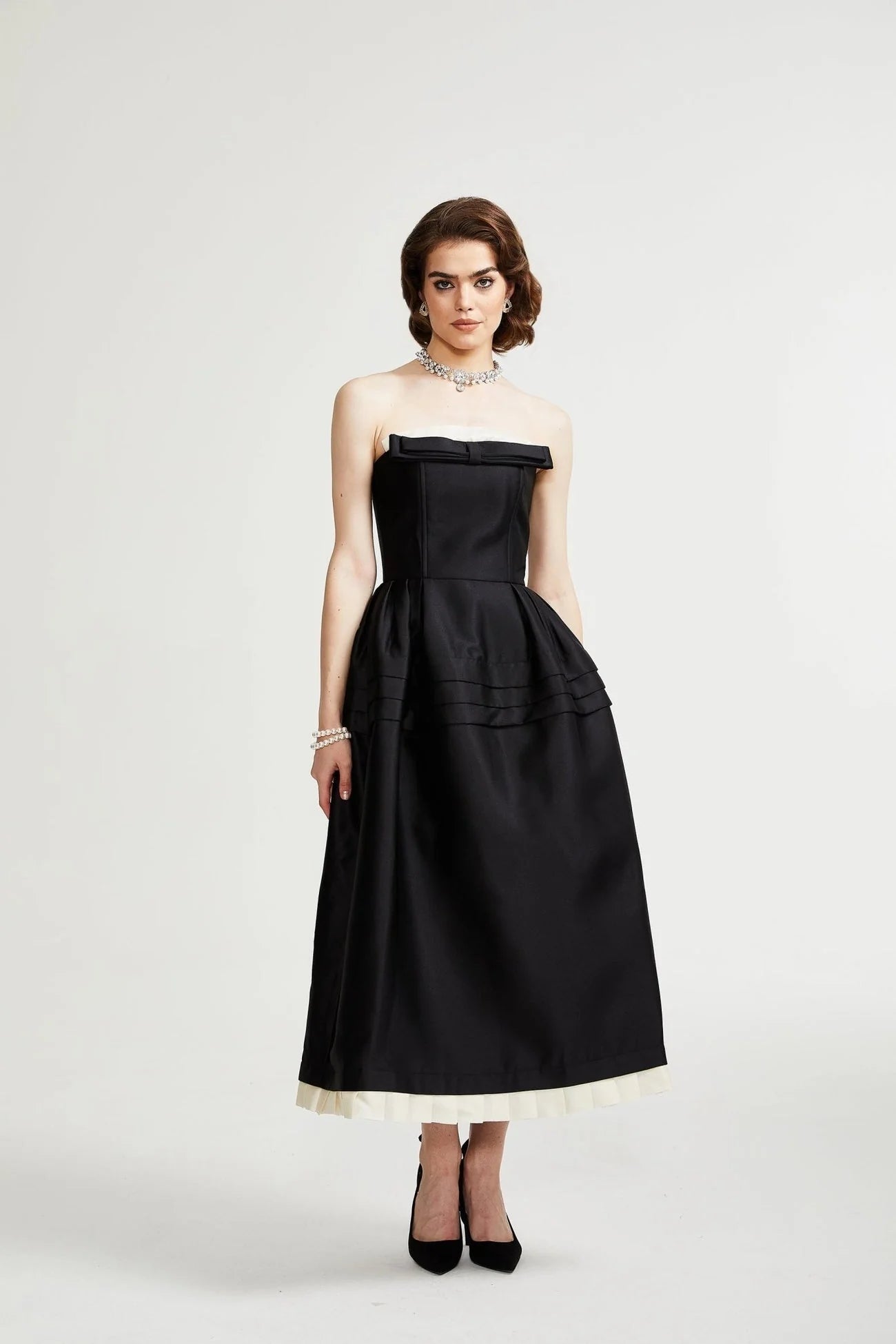 Nicole Midi Dress Black White Strapless Bow Detail Elegance