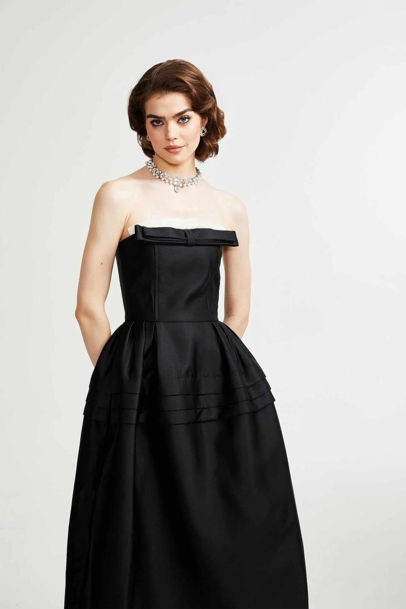 Nicole Midi Dress Black White Strapless Bow Detail Elegance