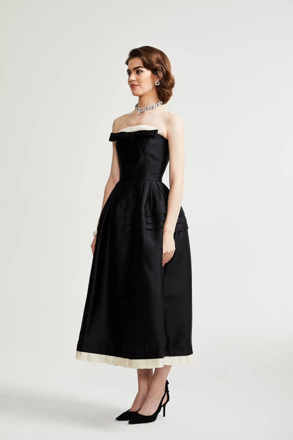 Nicole Midi Dress Black White Strapless Bow Detail Elegance