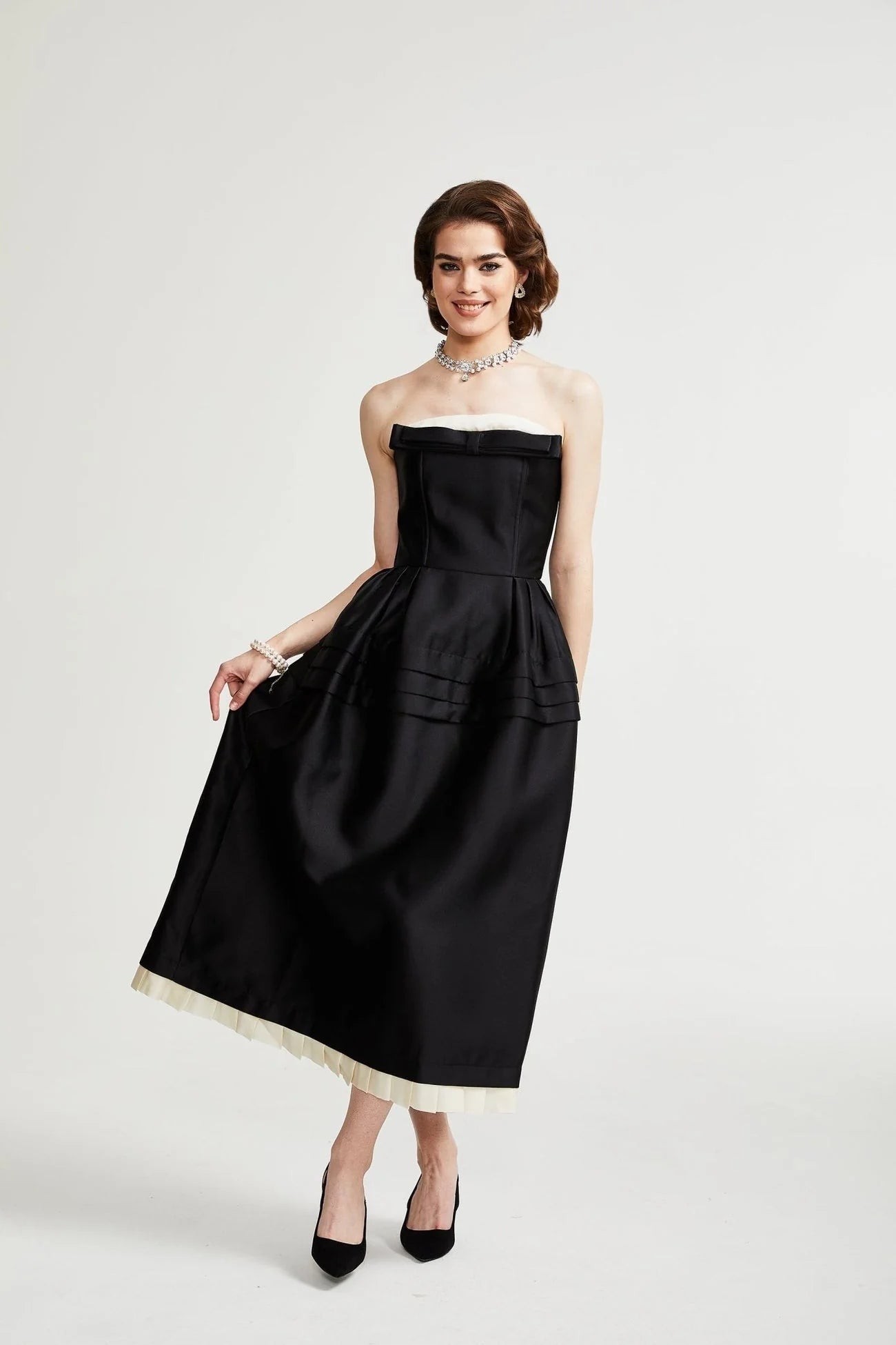 Nicole Midi Dress Black White Strapless Bow Detail Elegance