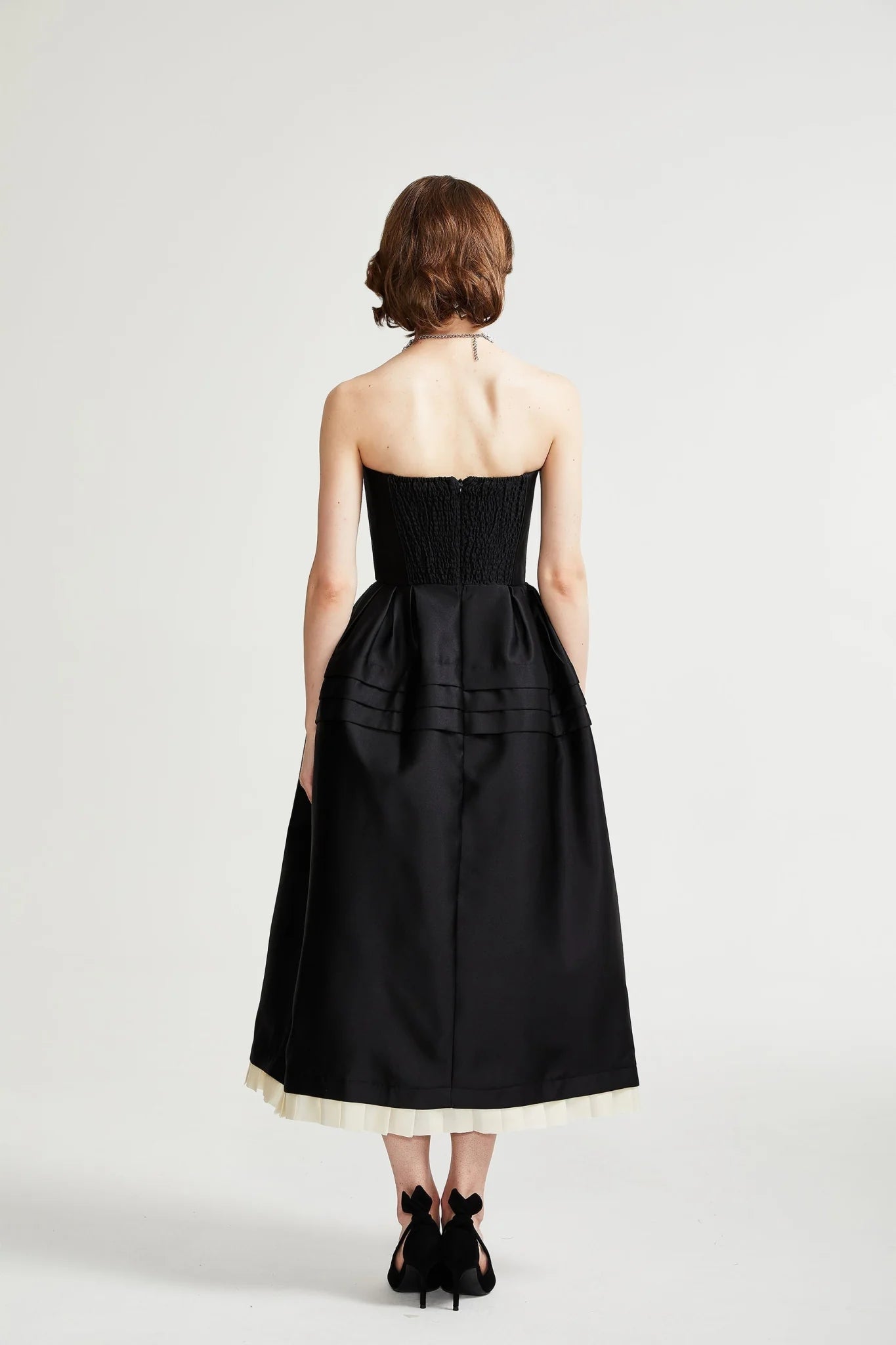 Nicole Midi Dress Black White Strapless Bow Detail Elegance