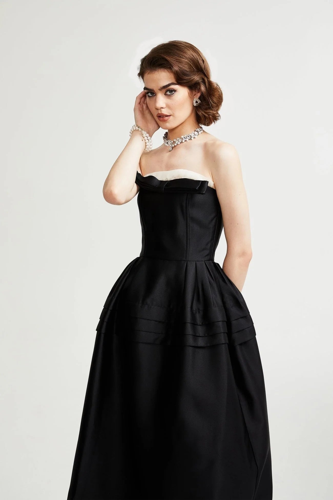 Nicole Midi Dress Black White Strapless Bow Detail Elegance