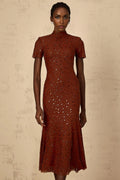 Nicole Midi Dress Brown Rhinestone Embellished Tulle Flared Hem