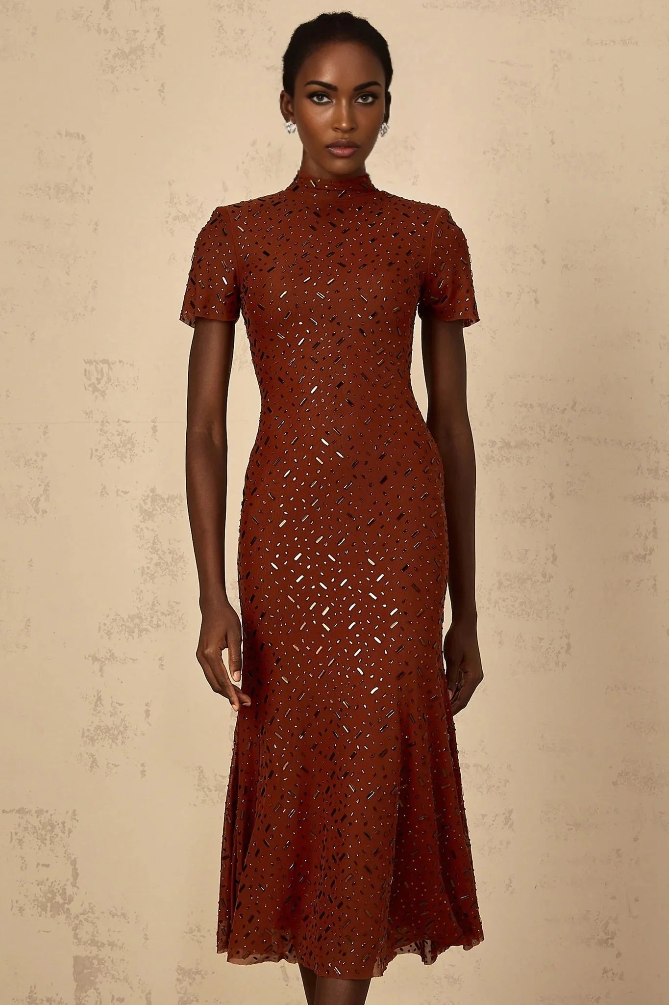 Nicole Midi Dress Brown Rhinestone Embellished Tulle Flared Hem