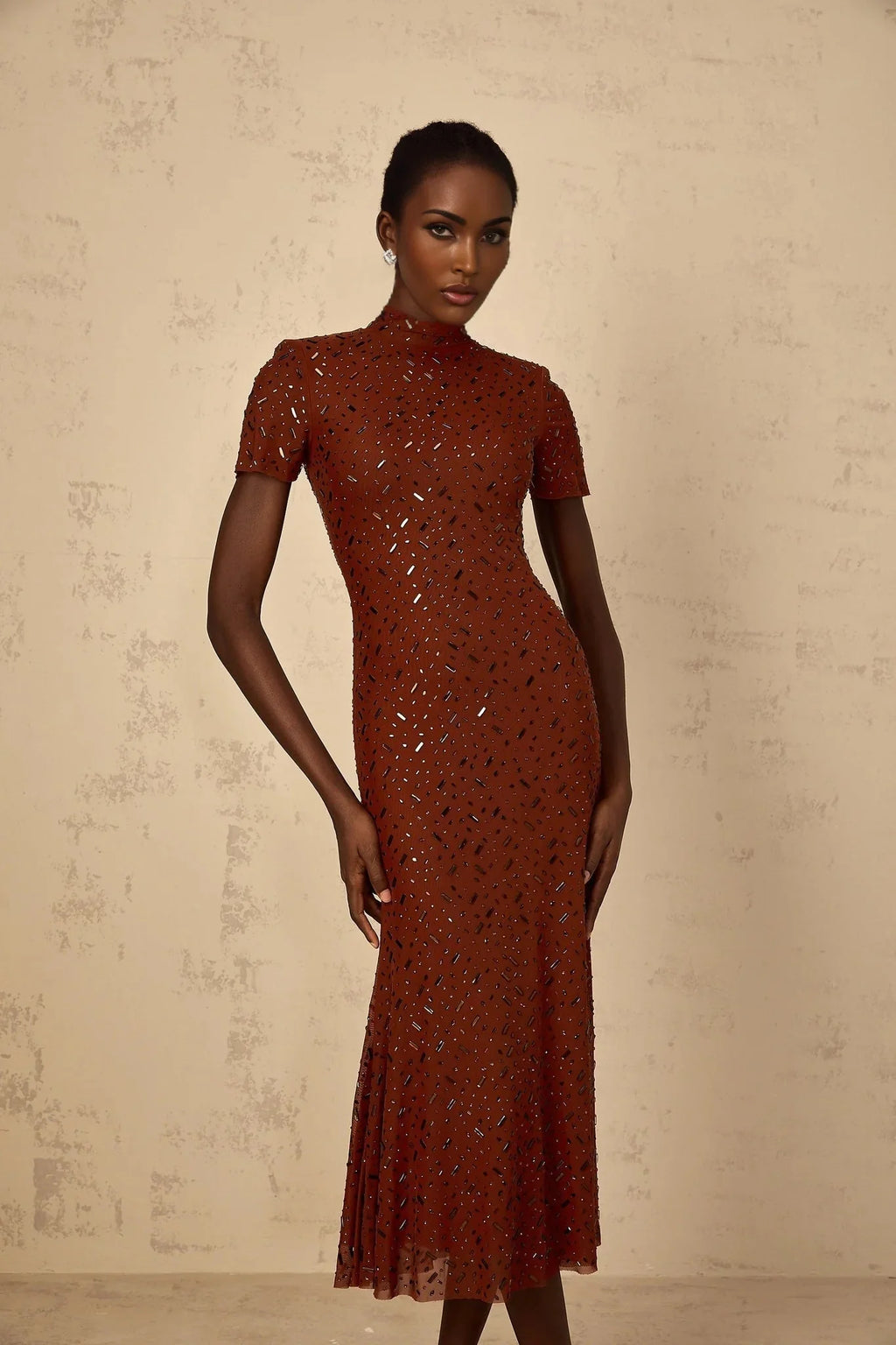 Nicole Midi Dress Brown Rhinestone Embellished Tulle Flared Hem