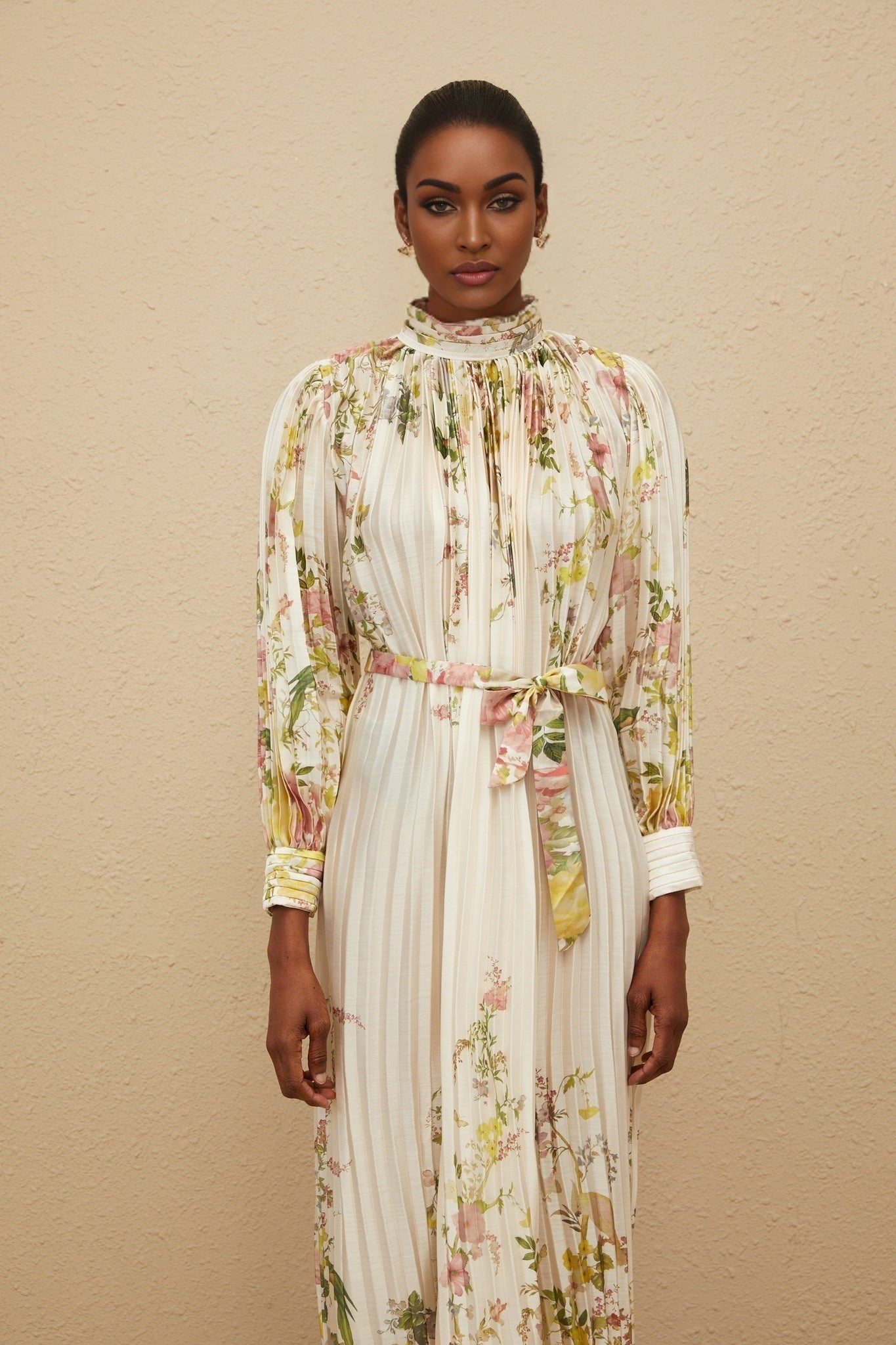 Nicole Midi Dress - Turtleneck - Cinched Waist - Floral Print - Pleated Design - Buttoned Cuffs