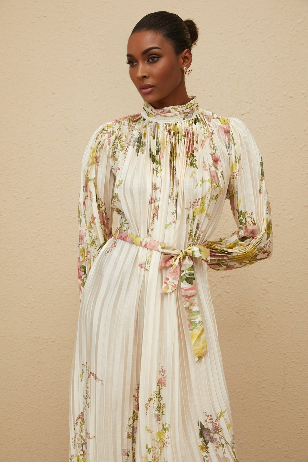 Nicole Midi Dress - Turtleneck - Cinched Waist - Floral Print - Pleated Design - Buttoned Cuffs
