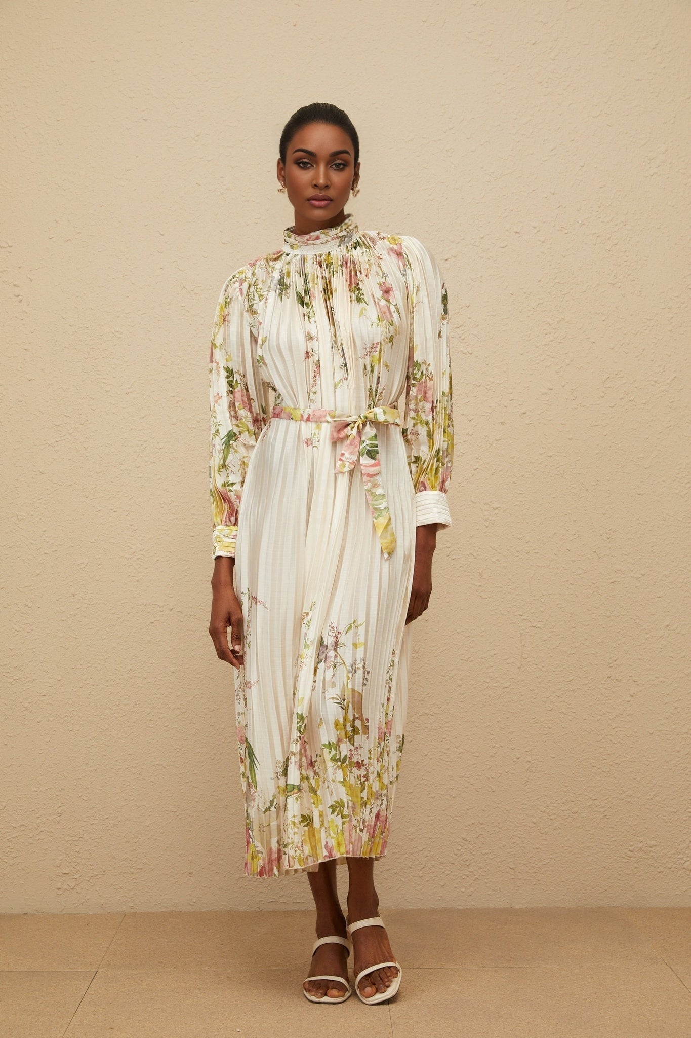 Nicole Midi Dress - Turtleneck - Cinched Waist - Floral Print - Pleated Design - Buttoned Cuffs