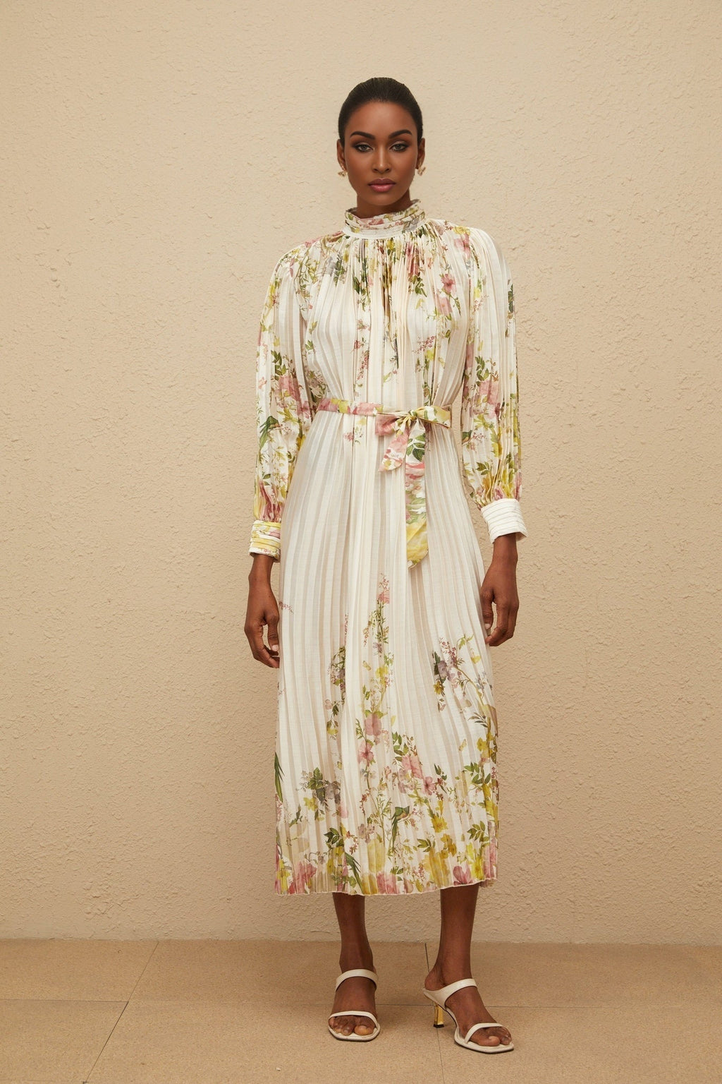 Nicole Midi Dress - Turtleneck - Cinched Waist - Floral Print - Pleated Design - Buttoned Cuffs