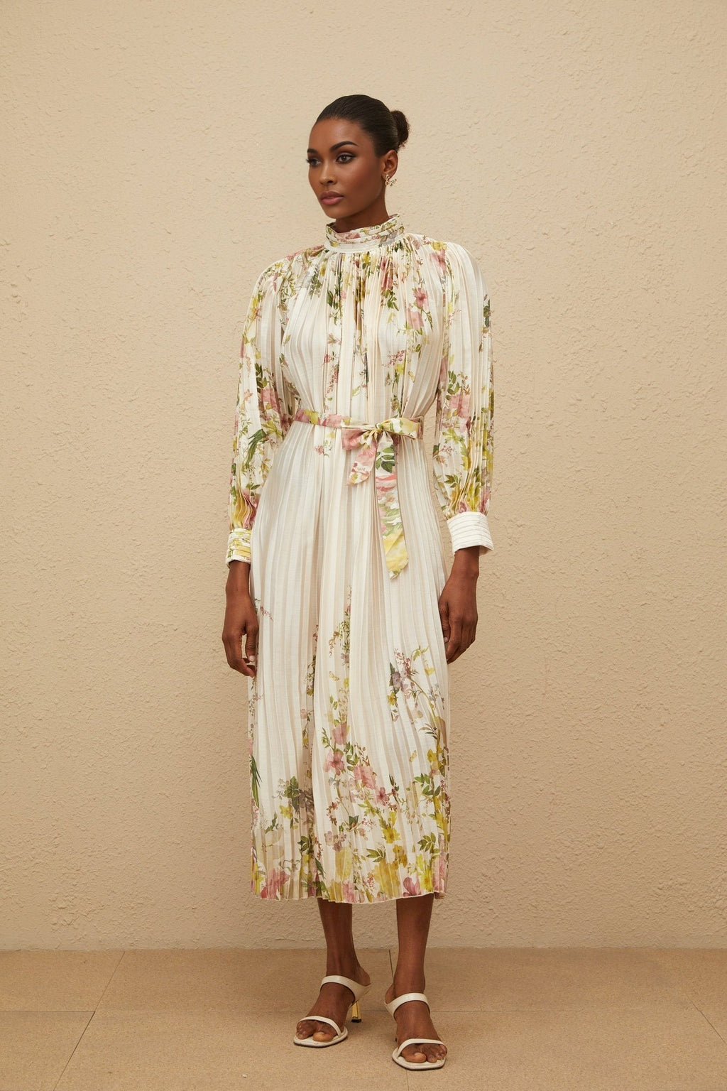 Nicole Midi Dress - Turtleneck - Cinched Waist - Floral Print - Pleated Design - Buttoned Cuffs
