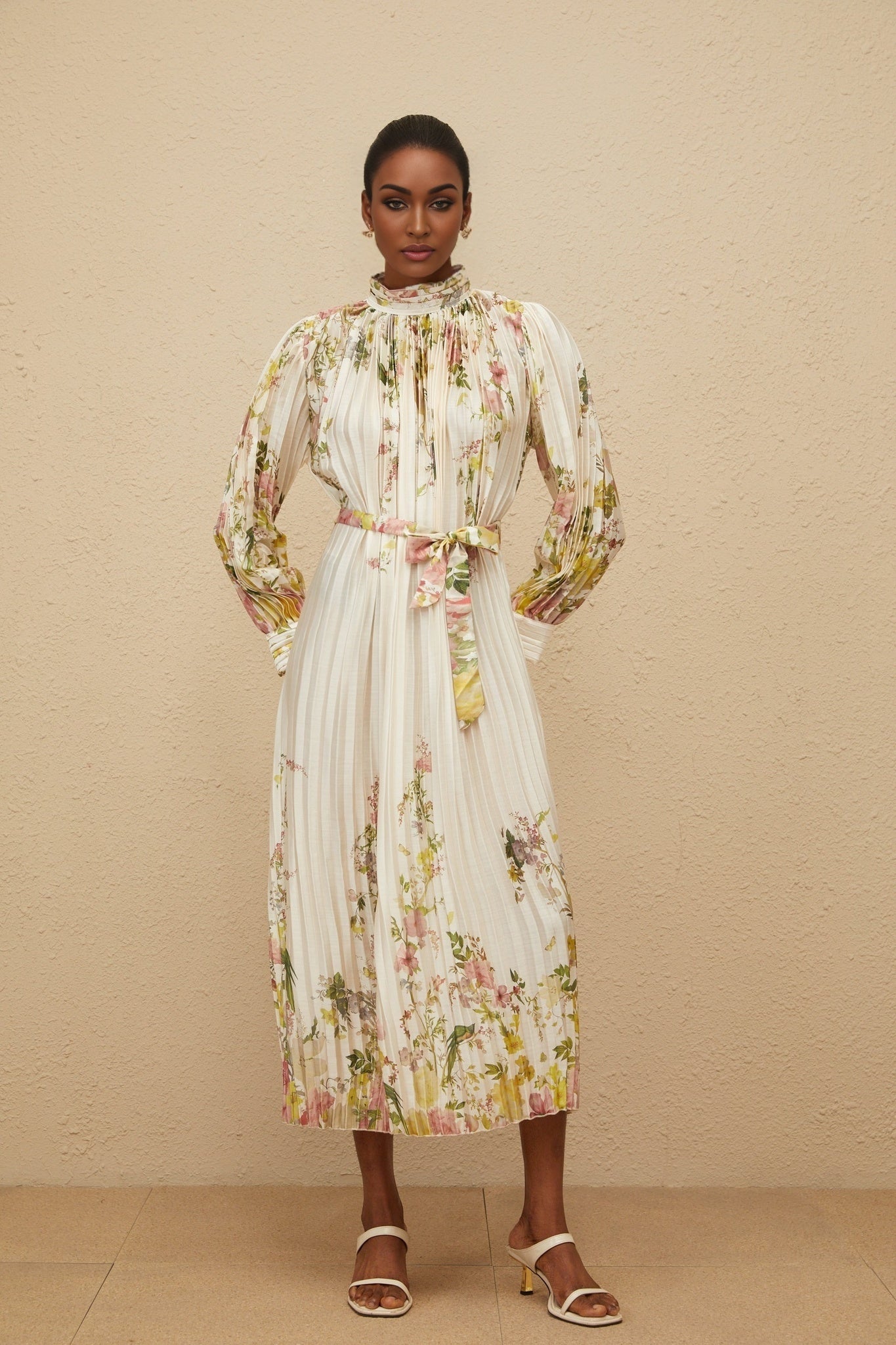 Nicole Midi Dress - Turtleneck - Cinched Waist - Floral Print - Pleated Design - Buttoned Cuffs