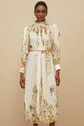 Nicole Midi Dress - Turtleneck - Cinched Waist - Floral Print - Pleated Design - Buttoned Cuffs