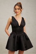 Nicole Mini Dress Black VNeck Bowknot Flared Pleated