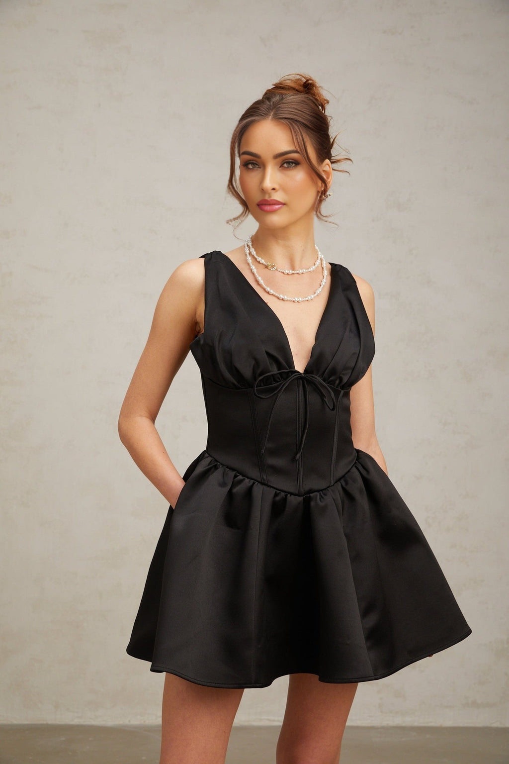 Nicole Mini Dress Black VNeck Bowknot Flared Pleated