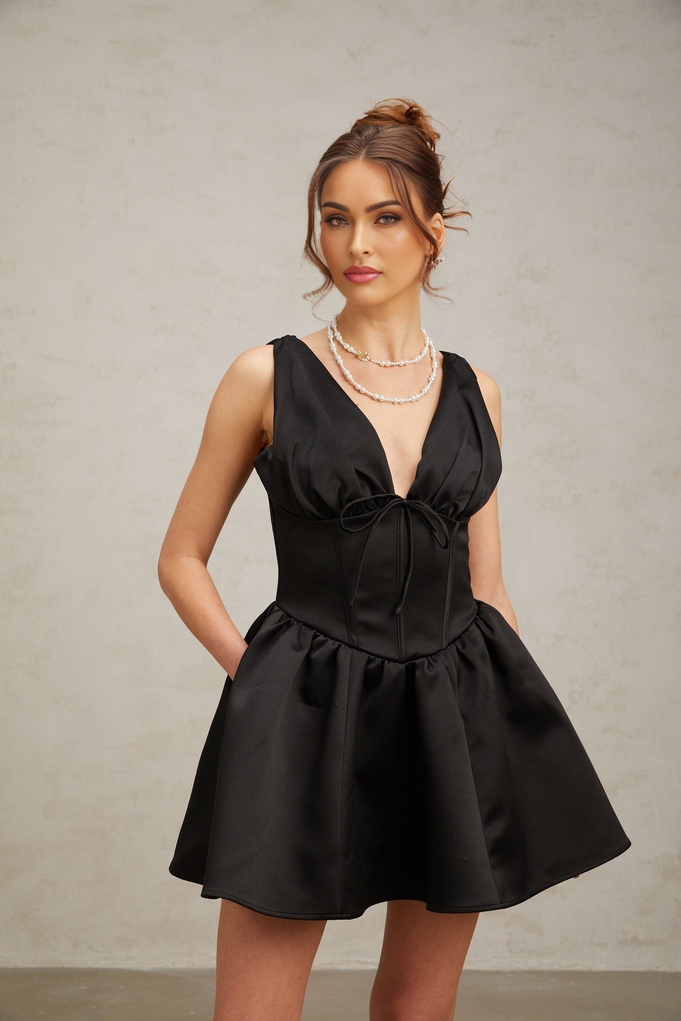 Nicole Mini Dress Black VNeck Bowknot Flared Pleated